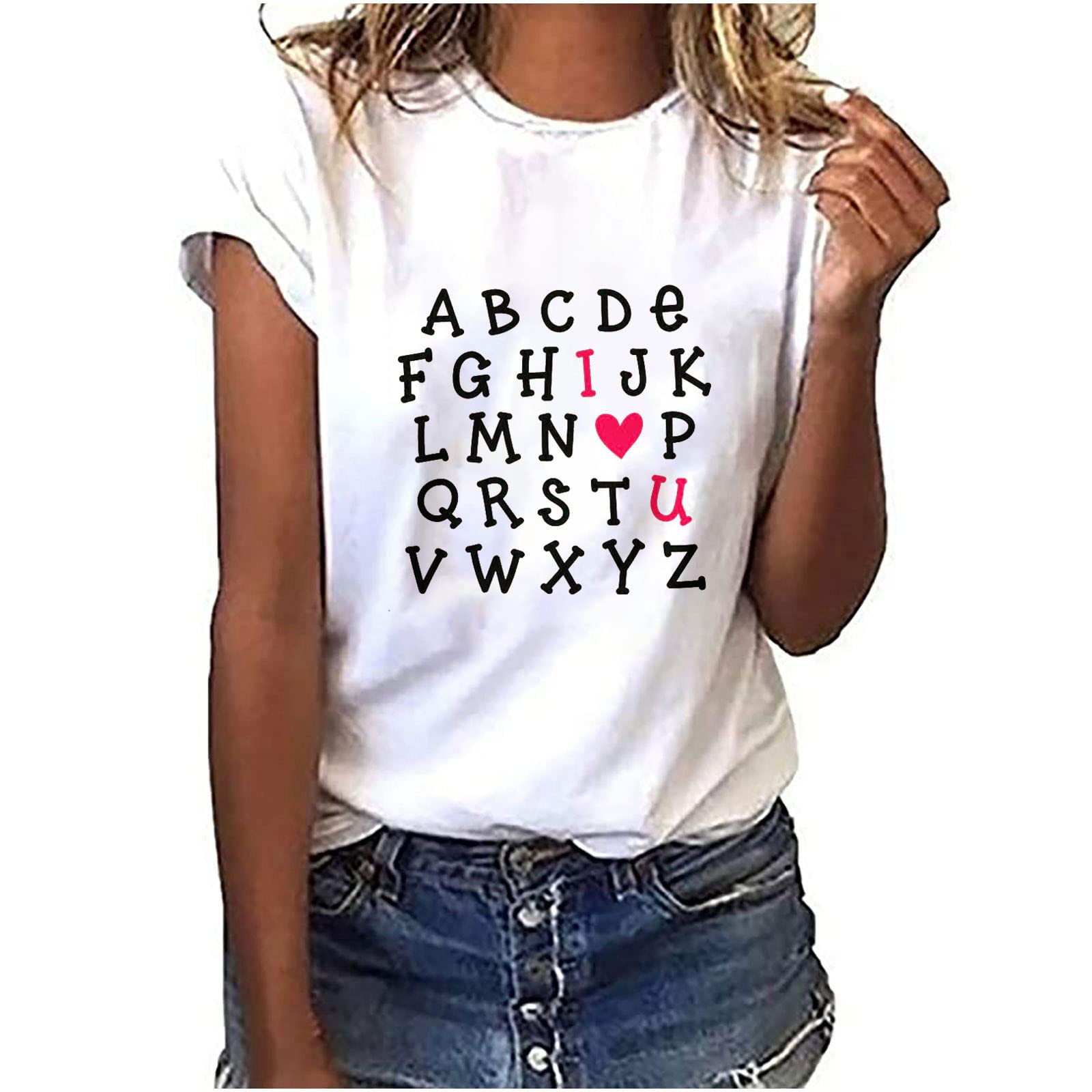 Women's White Letter Printed Summer Short Sleeve Crewneck T-Shirt - Casual Loose Blouse & Valentine's Day Tee for Everyday Wear, Dating & Office Outfits