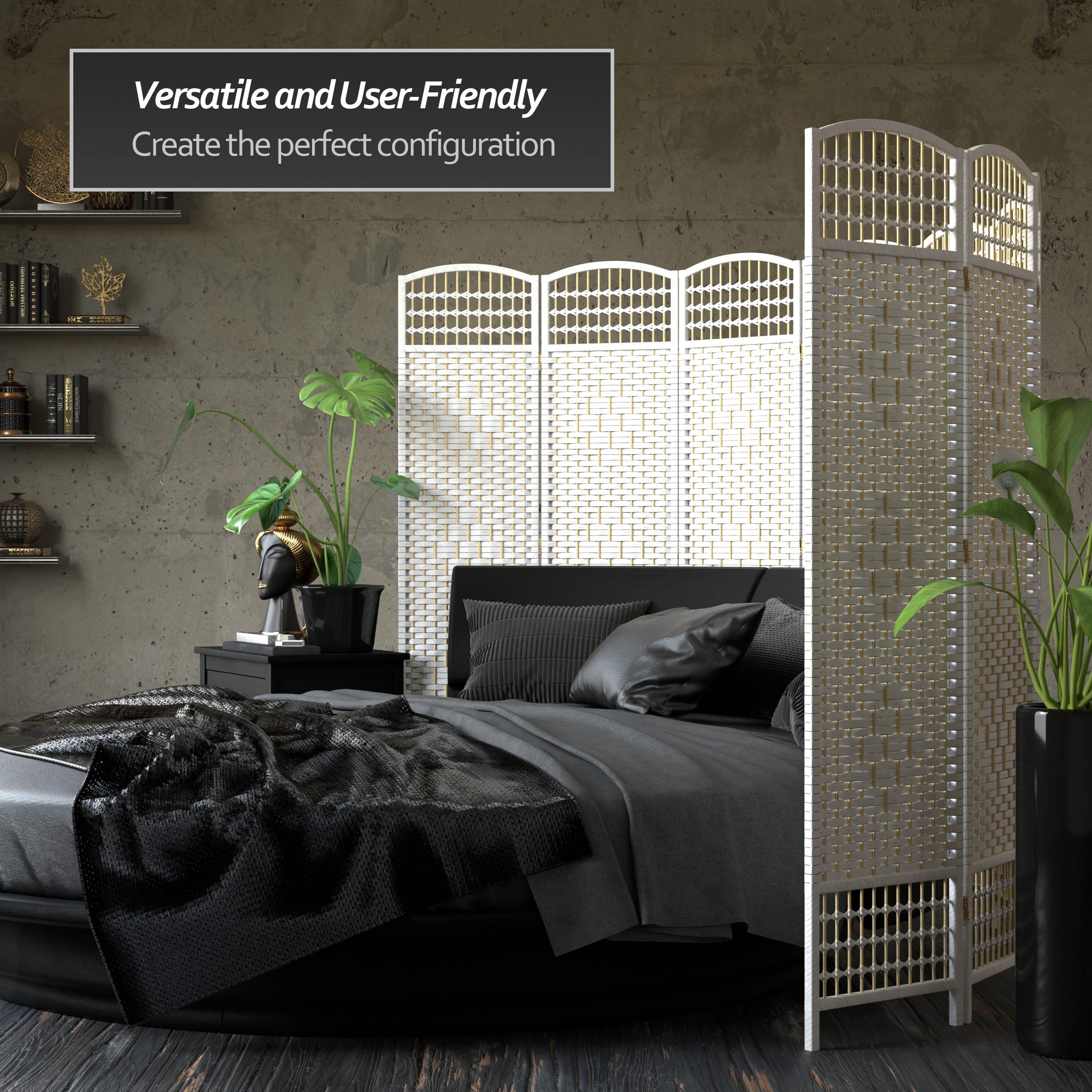 5.5 ft Tall Red Lantern Fiber Weave White 6-Panel Room Divider - Asian Inspired Home Decor for Living Room, Bedroom, or Office Partition
