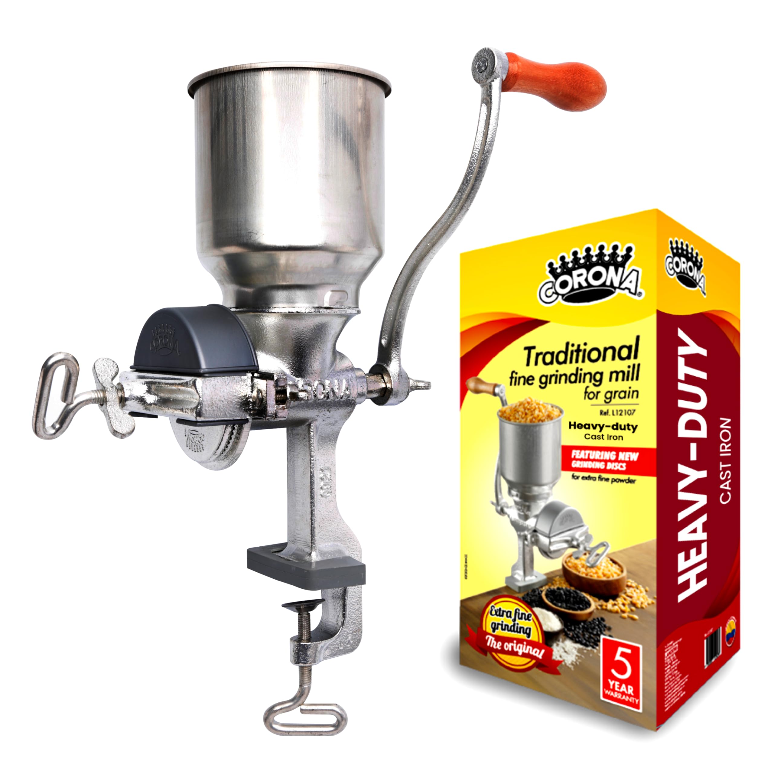 Premium Cast Iron Manual Corn Grinder - High Hopper Grain Mill for Corn, Rice, Soybeans, Pepper & Chickpeas | Hand Crank Wheat Grinder for Home Use | Perfect for Baking, Camping & Emergency Food Prep