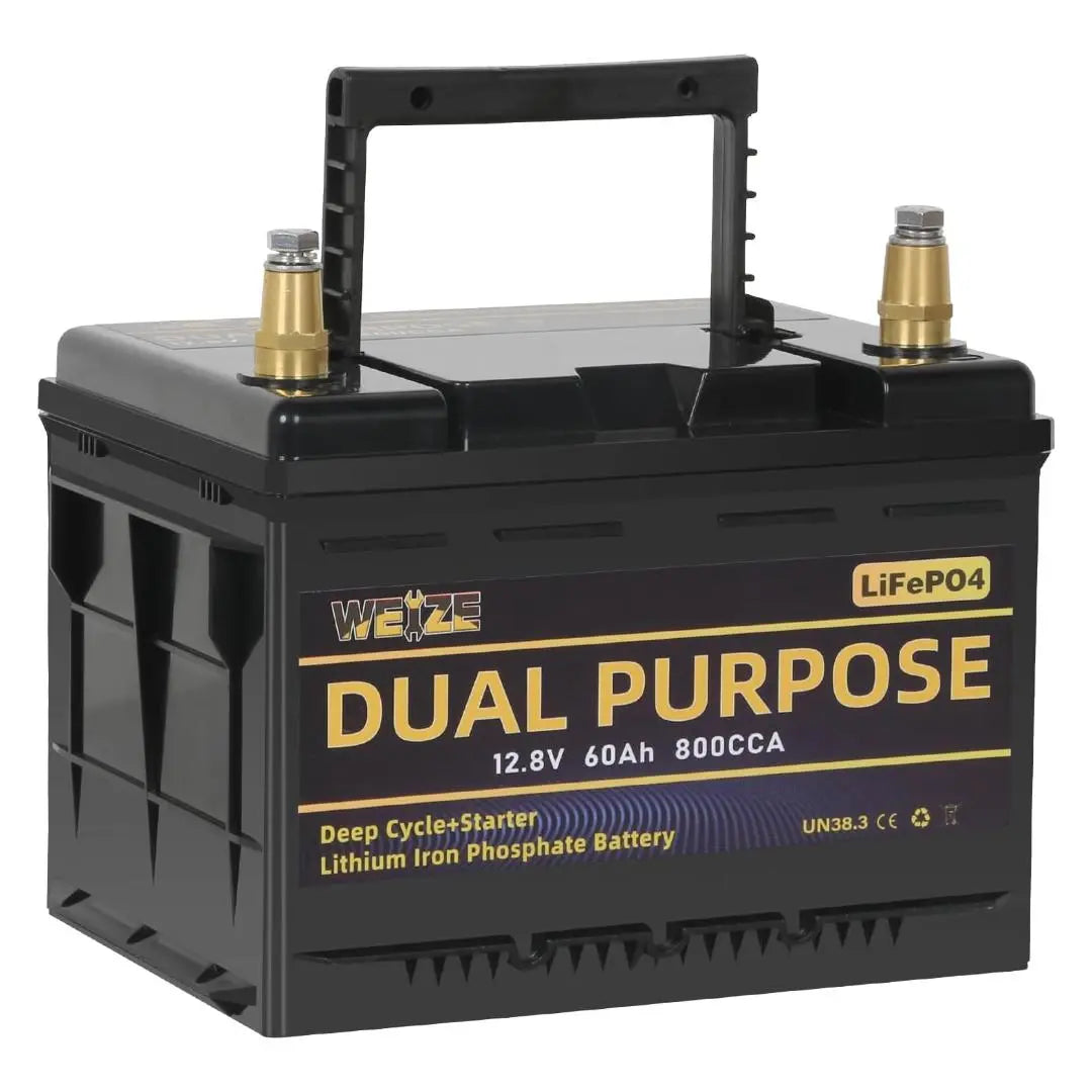 WEIZE 12V 60AH LiFePO4 Lithium Battery - Dual Purpose Starter & Deep Cycle Battery for Marine, RV, Solar - Perfect for Boats, Campers, Off-Grid Power & Backup Energy Storage