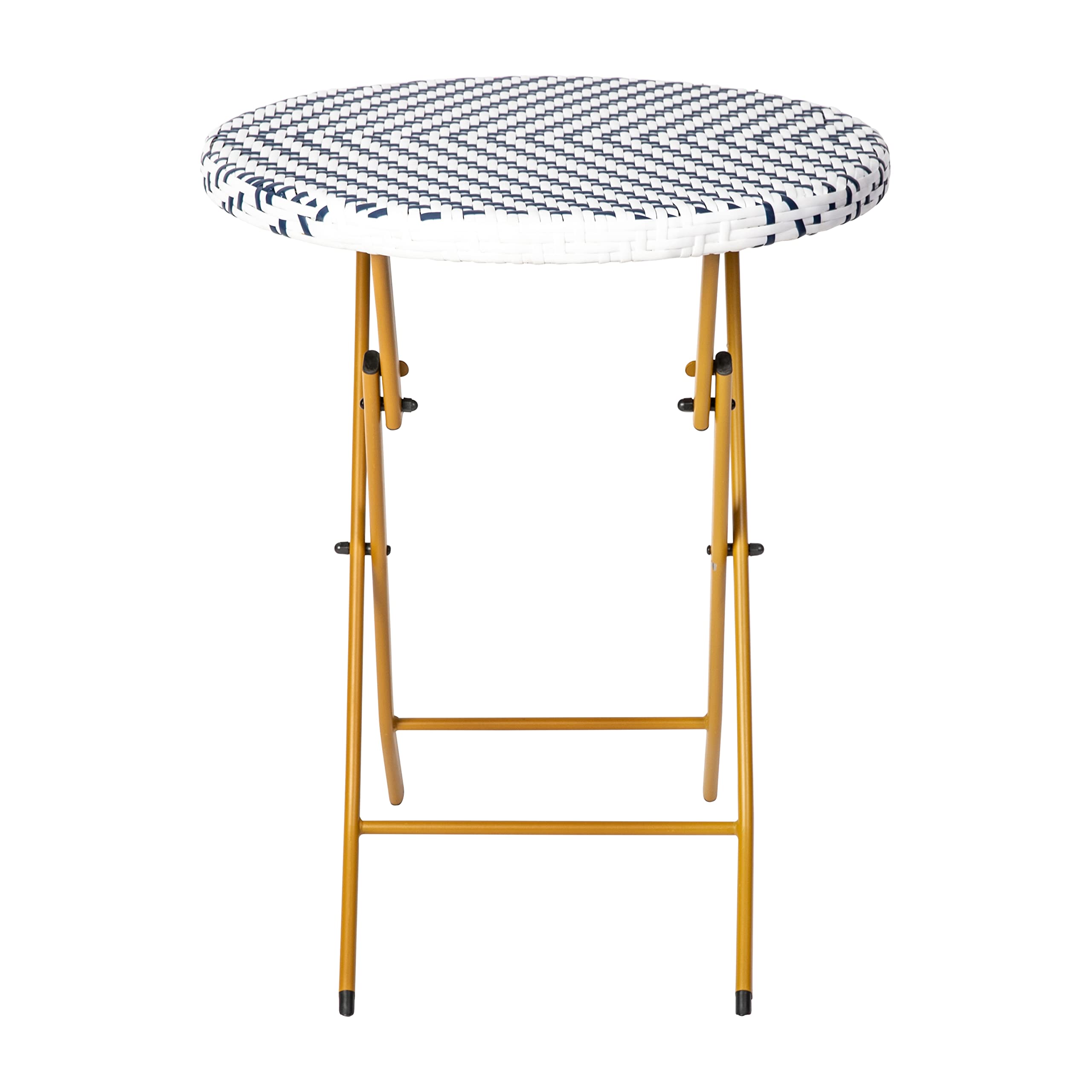 Flash Furniture Rouen Commercial Grade Folding Bistro Set - 3 Piece Indoor/Outdoor PE Rattan Table with Navy/White Cushions & Natural Steel Frame | Perfect for Patio, Garden, Cafe, Restaurant Outdoor Dining