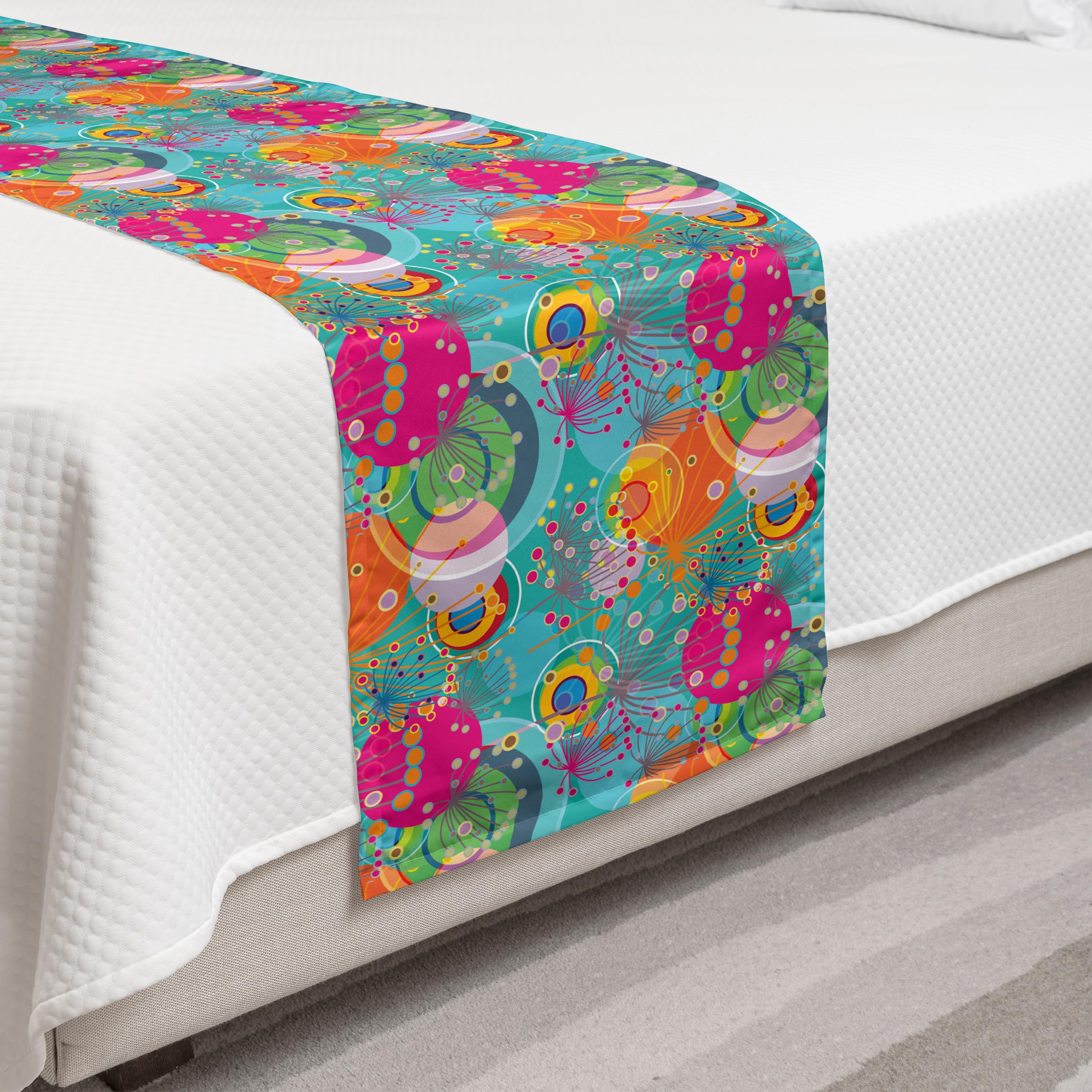 Ambesonne Floral Bed Runner - Vibrant Dandelion Flower Circles with Spring Sun Rays Design, Decorative Accent Bed Scarf for Twin Beds | Perfect for Hotels, Homes & Guest Rooms | Multicolor Home Decor for Spring & Summer Bedding Refresh