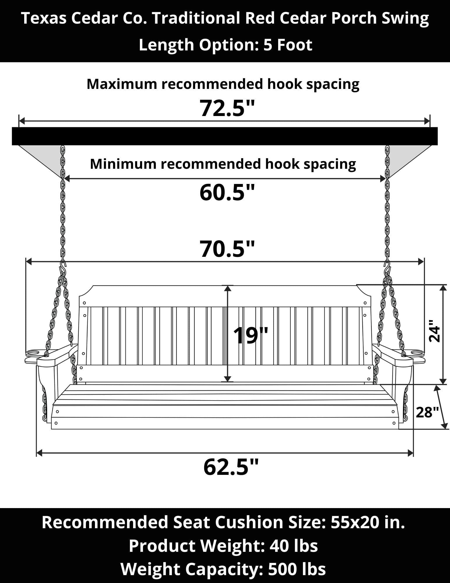 Texas Cedar Co. 4 Foot Traditional Red Cedar Porch Swing - Outdoor Patio, Garden, Backyard Relaxation Hanging Chair for Porch, Deck, or Pergola
