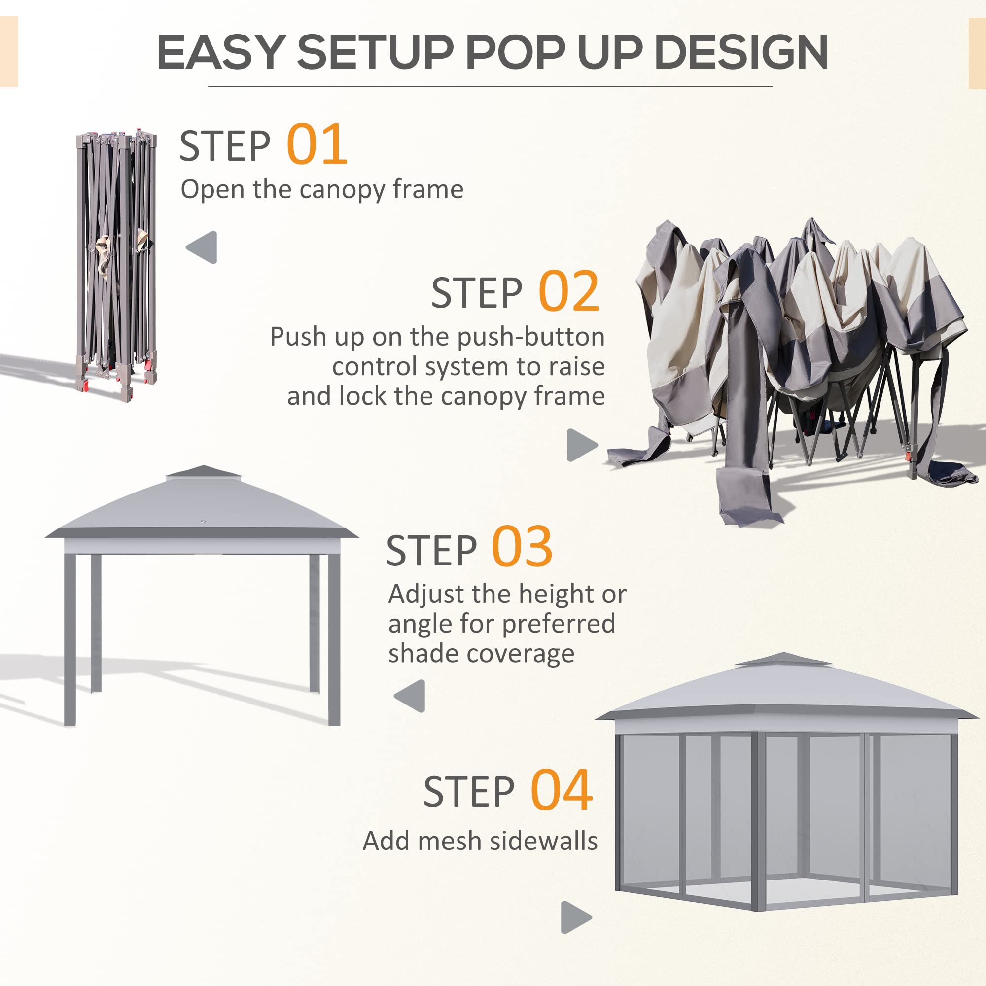Outsunny 11' x 11' Pop Up Canopy Tent with Netting & Carry Bag - Instant Gazebo Sun Shelter for Outdoor Parties, Camping, Beach & Backyard - 121 Sq Ft Shade Cover for Garden, Patio, BBQ & Picnic (Gray)