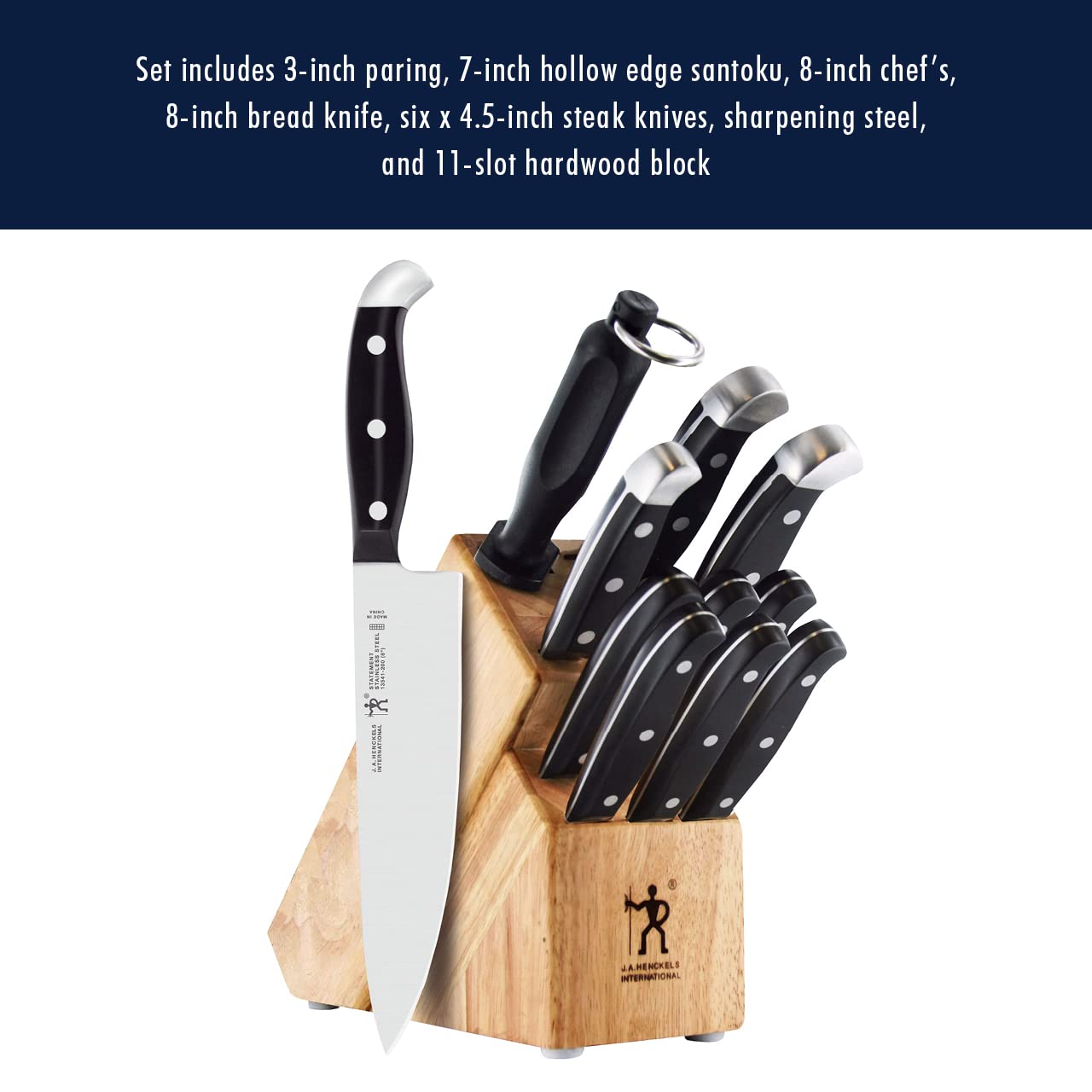 HENCKELS Premium 12-Piece Knife Set with Block - Razor Sharp German Stainless Steel Kitchen Knives - Dishwasher Safe - Perfect for Home Chefs, Cooking Enthusiasts & Professional Kitchens