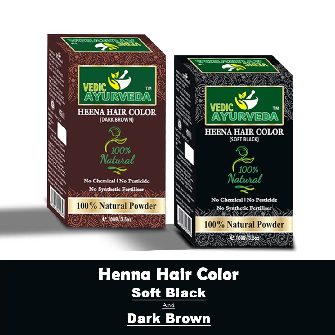 VedicAyurveda Natural Soft Black & Dark Brown Henna Hair Color Combo Pack - 100% Organic Herbal Hair Dye for Gray Coverage & Hair Conditioning | Perfect for At-Home Hair Coloring & Natural Hair Care Routine