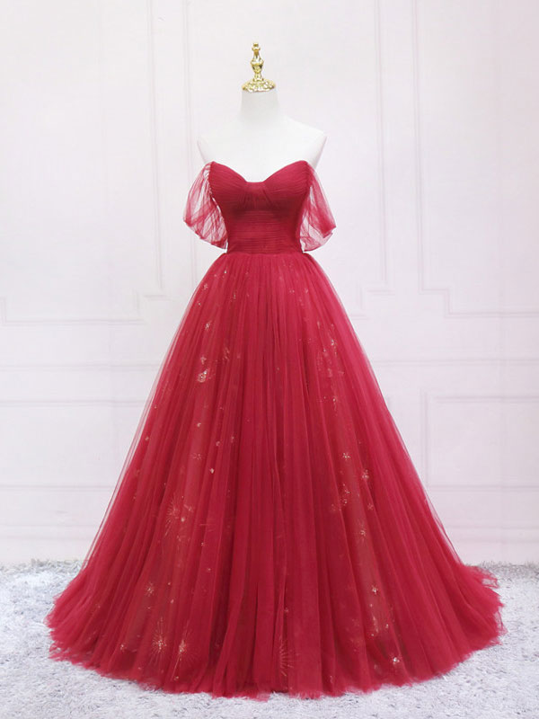 Elegant Burgundy Tulle Long Prom Dress & Evening Gown for Women - Perfect for Homecoming, Formal Dances, and Special Occasions