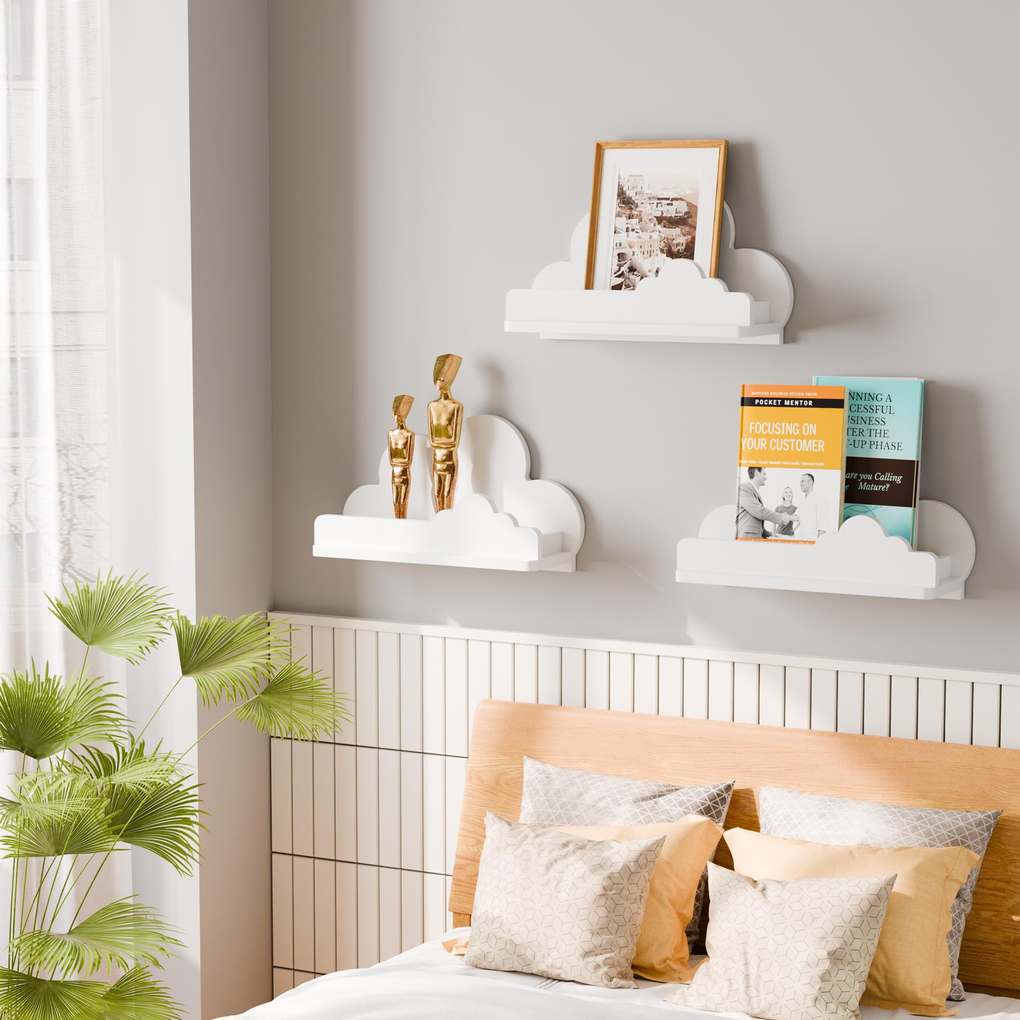 Beskadi Set of 3 White Cloud Floating Shelves - Wall Mounted Nursery Decor for Kids Room, Bookshelf & Display Shelf for Toys, Plants & Storage - Perfect for Bedroom, Playroom & Nursery Organization