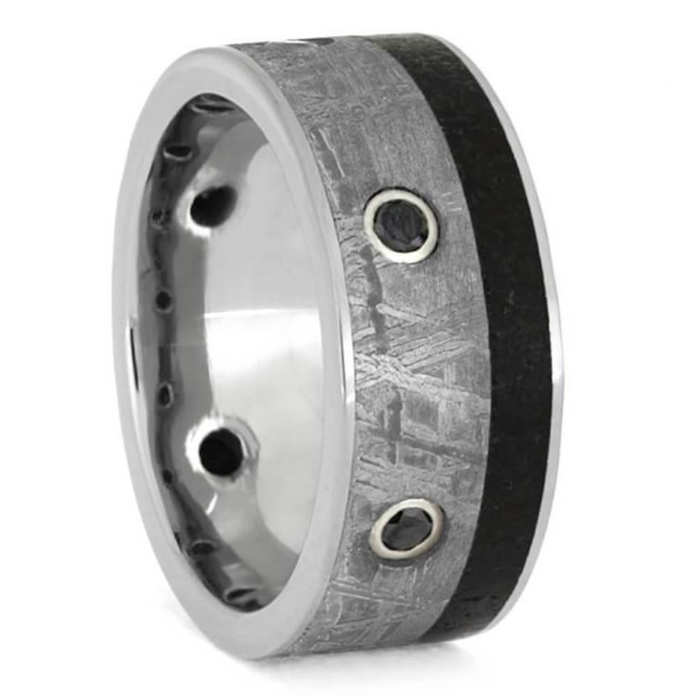 Black Diamond & Gibeon Meteorite Inlay 9mm Titanium Comfort-Fit Wedding Band - Perfect for Men's Engagement Rings, Anniversary Gifts & Unique Jewelry Collections