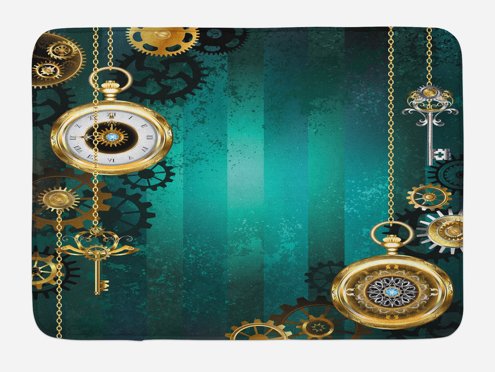 Ambesonne Steampunk Industrial Bath Mat - Non-Slip Plush Bathroom Rug with Antique Watches, Keys & Chains Design, 30.2 x 20 Inches, Dark Teal - Perfect for Vintage & Gothic Style Bathroom Decor