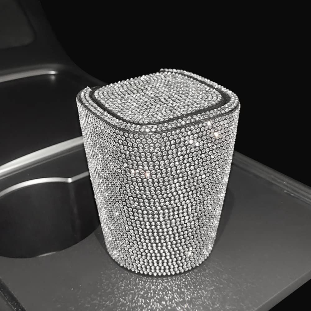 Car Diamond-Encrusted Ashtray with LED Lights - Windproof Odor-Proof Cover - Bling Bling Mini Car Trash Can for Office, Bedroom, Living Room, Study, Bathroom, Dining Room - Perfect for Cars, Home & Travel (White)