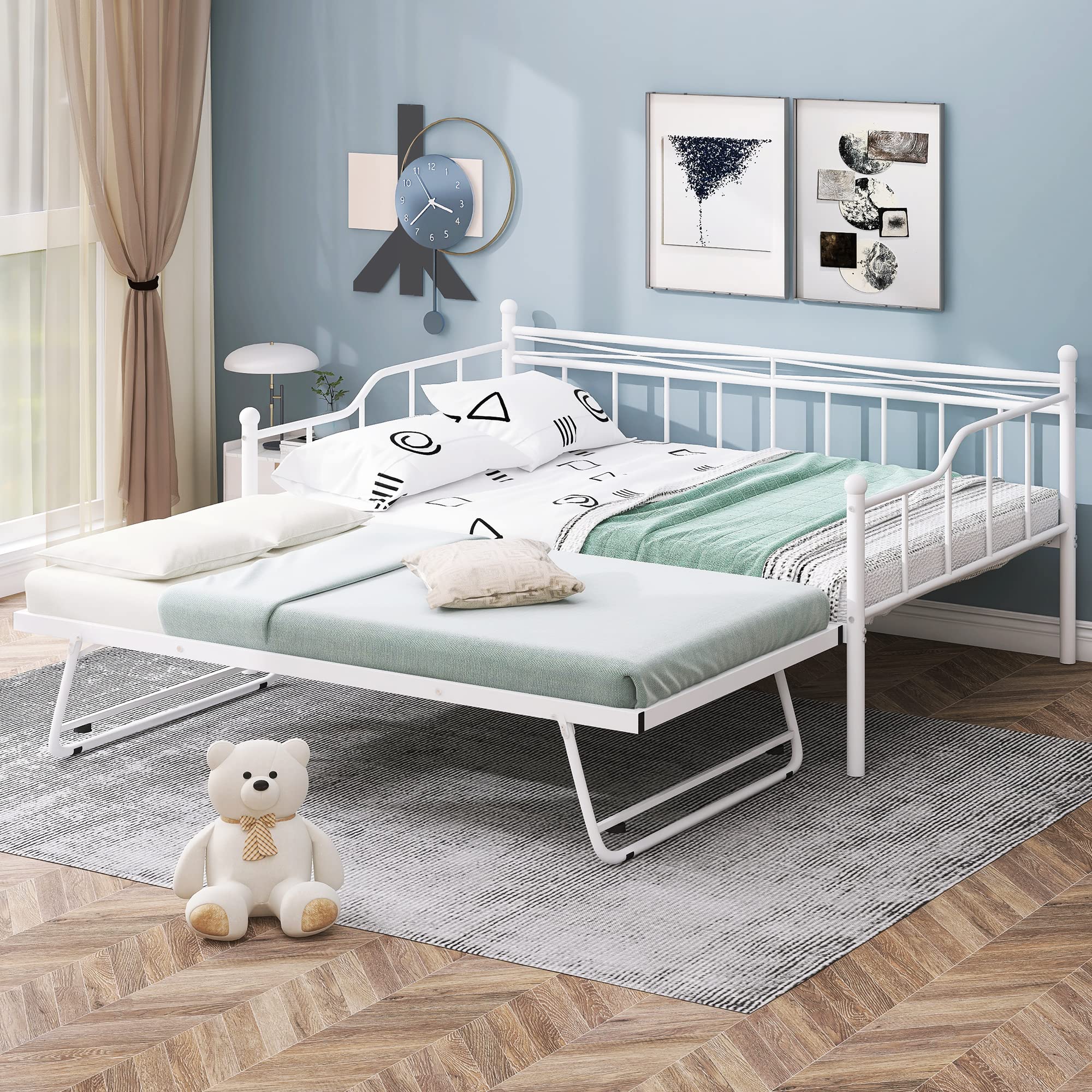 Full Metal Daybed Frame with Adjustable Trundle - Heavy Duty Full Size Daybed with Pop Up Trundle Bed, Portable Folding Guest Bed for Living Room, Bedroom, Dorm or Office (White) - Perfect for Small Spaces, Sleepovers & Extra Sleeping Solutions