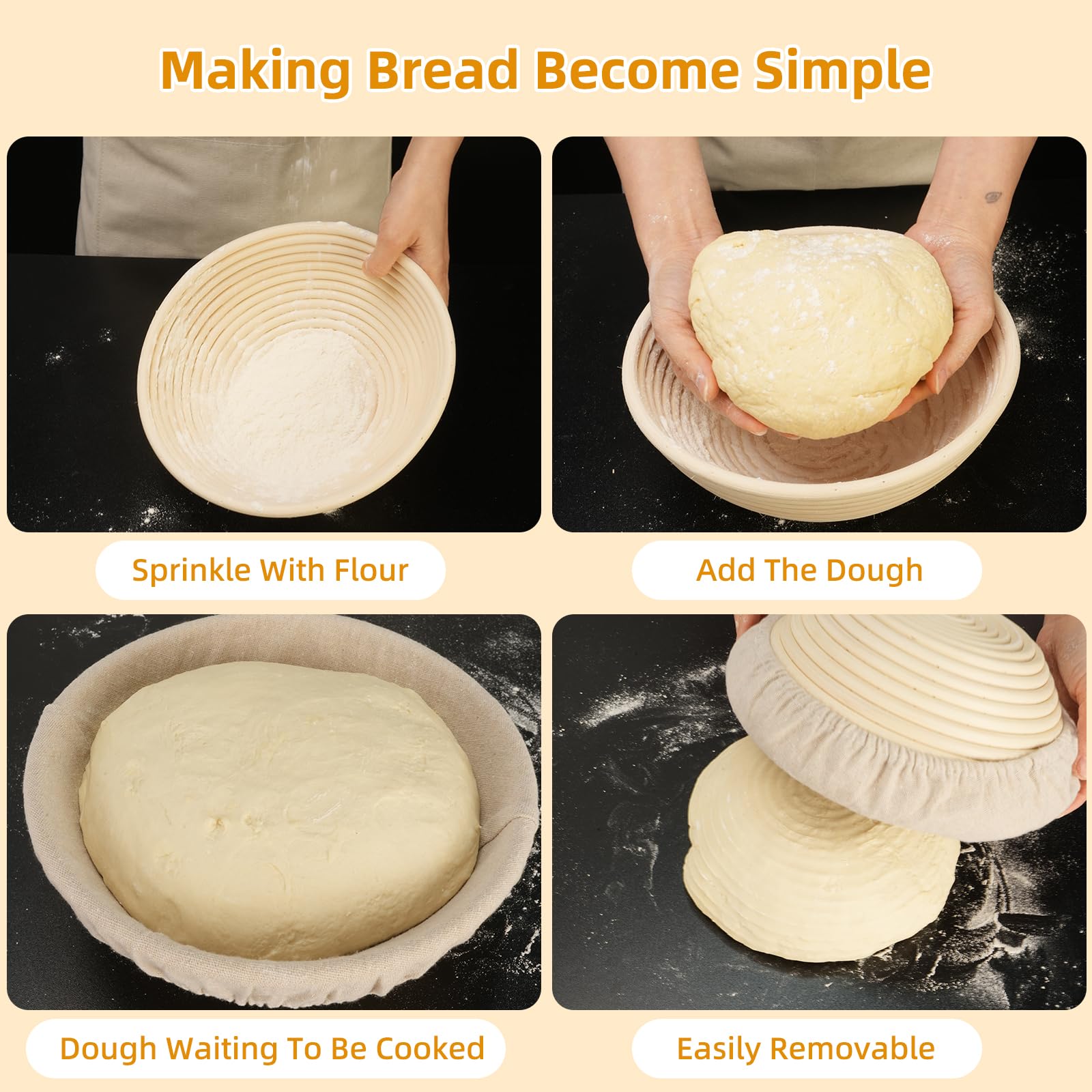 Keygo 9 Inch Round Sourdough Banneton Bread Proofing Basket Set with Linen Liner, Plastic Dough Scraper & Bread Scoring Cutter - Essential Baking Tools for Artisan Homemade Bread, Perfect for Sourdough, Baguettes & Pastry Making