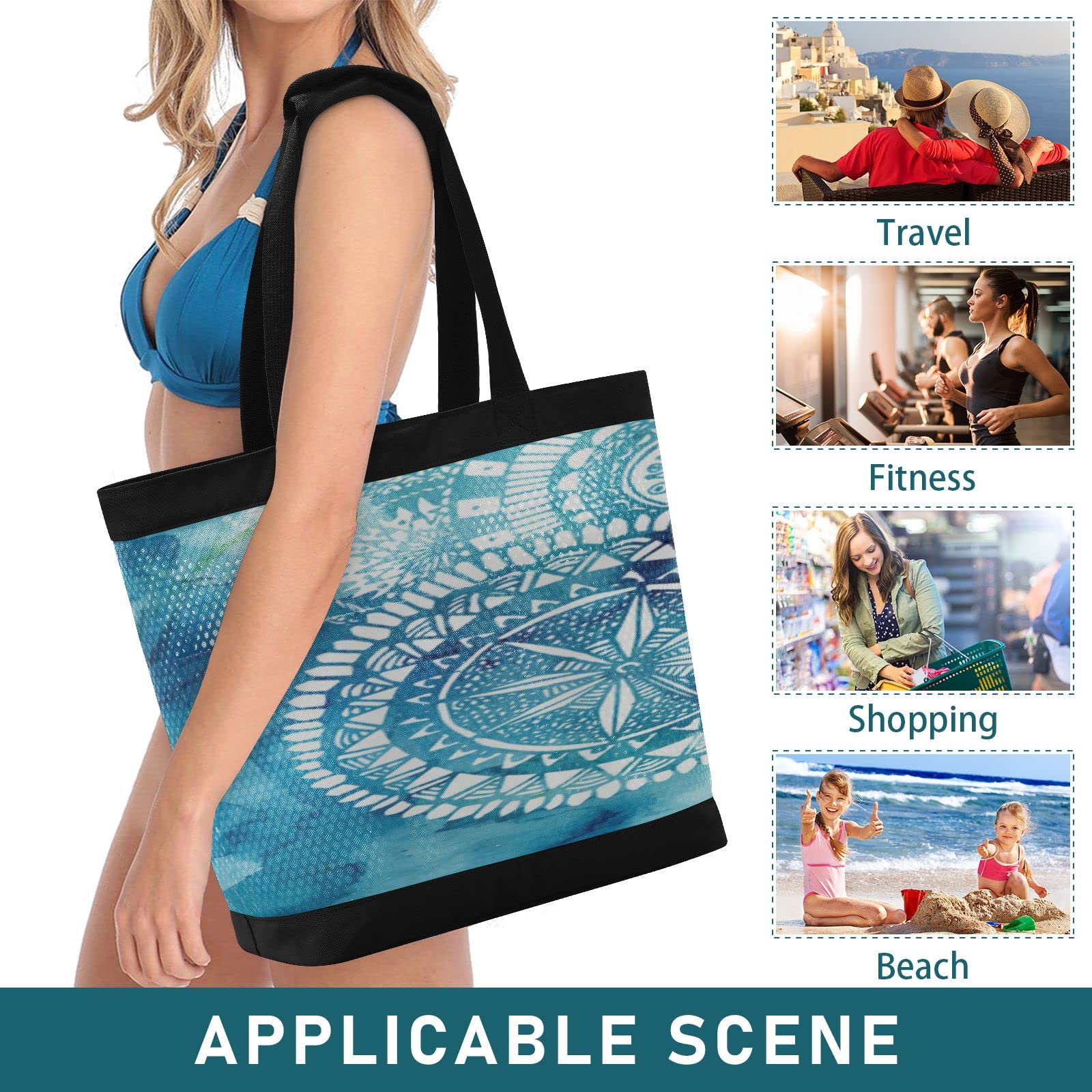 J JOYSAY Blue Watercolor Mandala Mesh Beach Tote Bag - Large Water Resistant Women's Beach Bag for Pool, Picnic & Travel | Perfect for Carrying Swimsuits, Towels & Summer Essentials