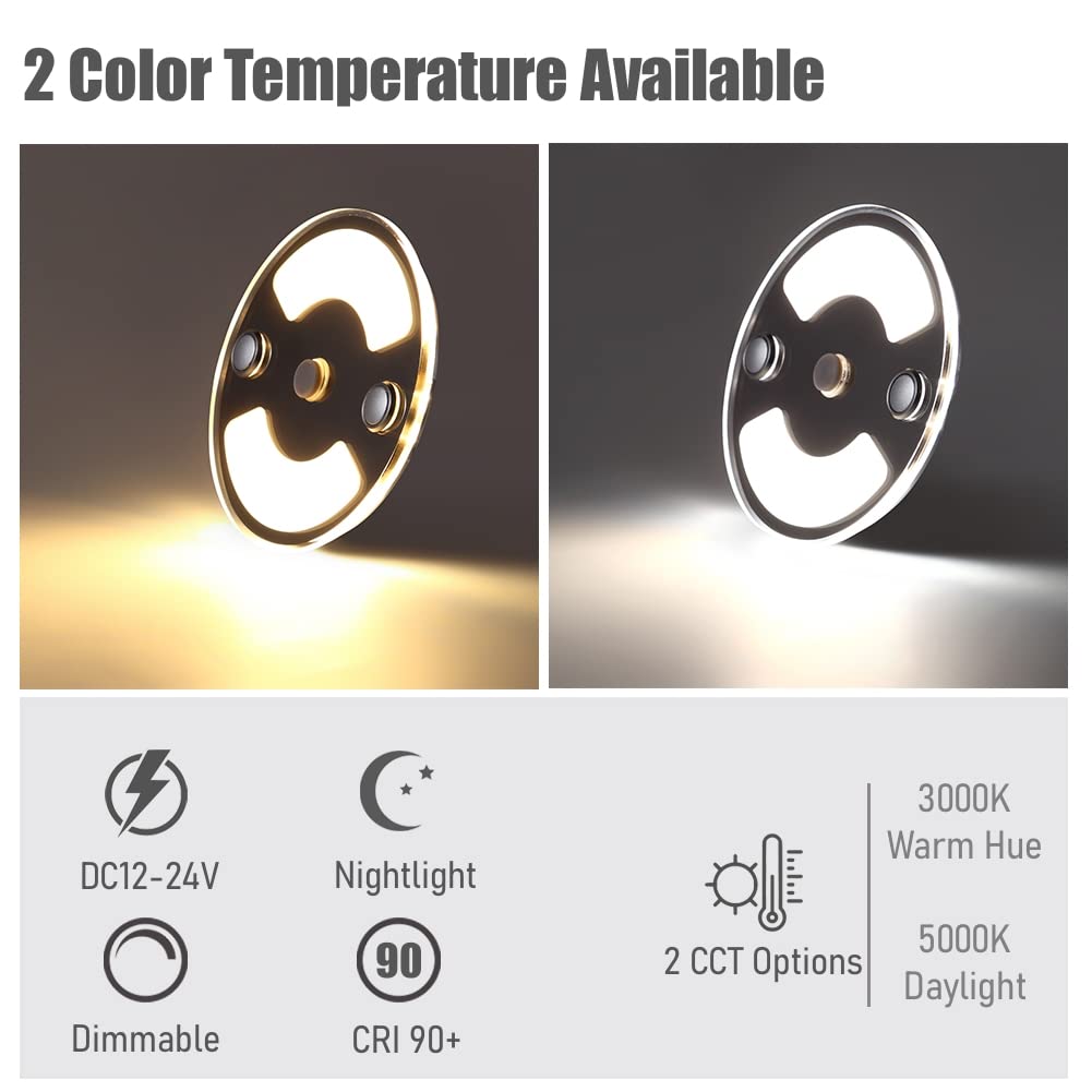 12V RV Boat Interior LED Puck Light - 3 Inch Dimmable Acrylic Disk Light with Blue Nightlight for Camper Van, Motorhome & Truck Trailer Lighting (Warm White) | Perfect for Bedroom, Kitchen & Cabinets