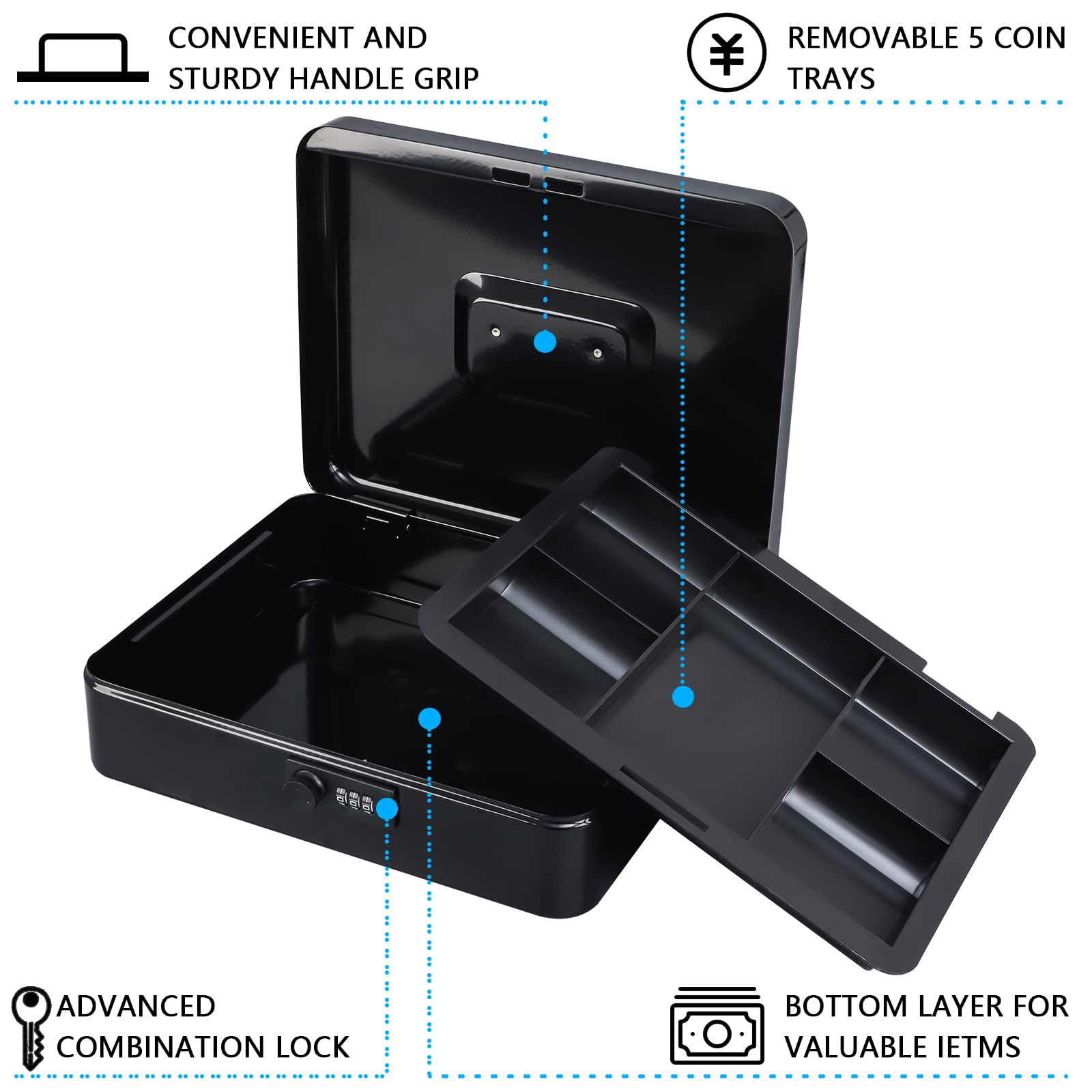 Heavy Duty Metal Cash Box with Combination Lock - Secure Money Safe Box with Removable Tray - 11.81