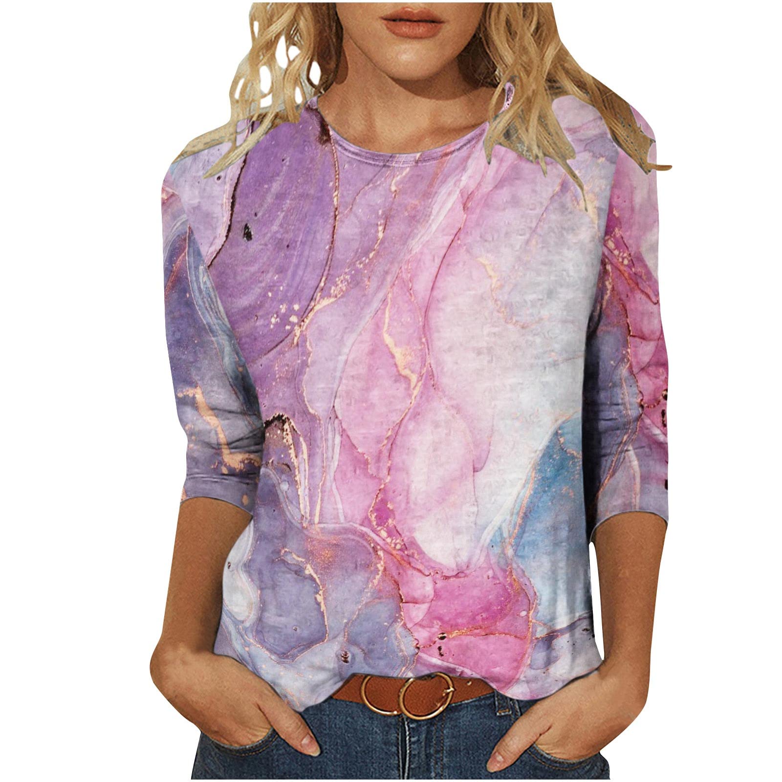 Trendy Women's 3/4 Sleeve Floral Print T-Shirt Blouse - Comfortable Casual Top for Going Out, Dating, and Everyday Wear