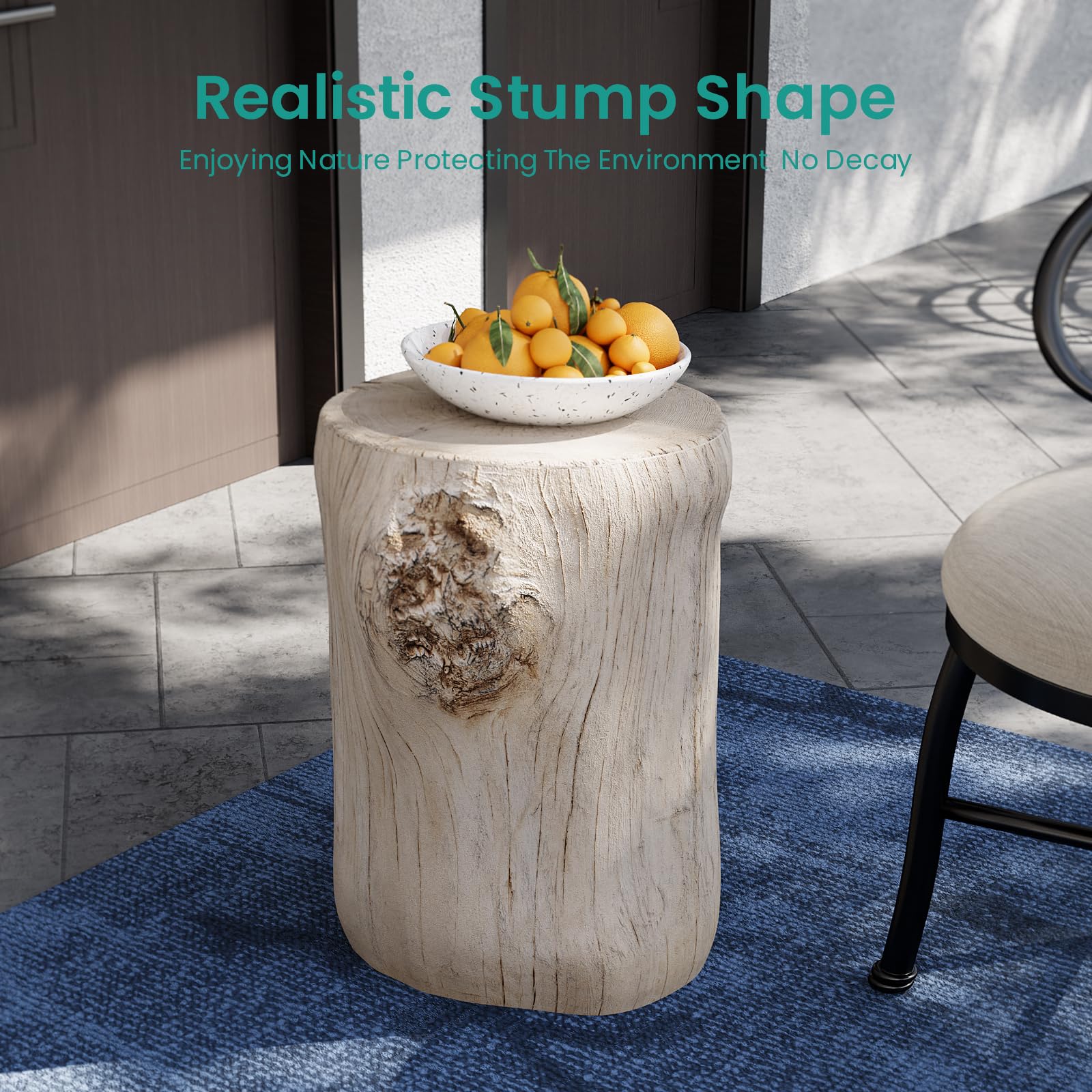 SUNBURY Concrete Stump Side Table - Faux Wooden End Table for Patio, Garden, Living Room - Beige Stool Plant Stand Holder | Perfect for Outdoor Decor, Coffee Table Accent & Home Interior Design