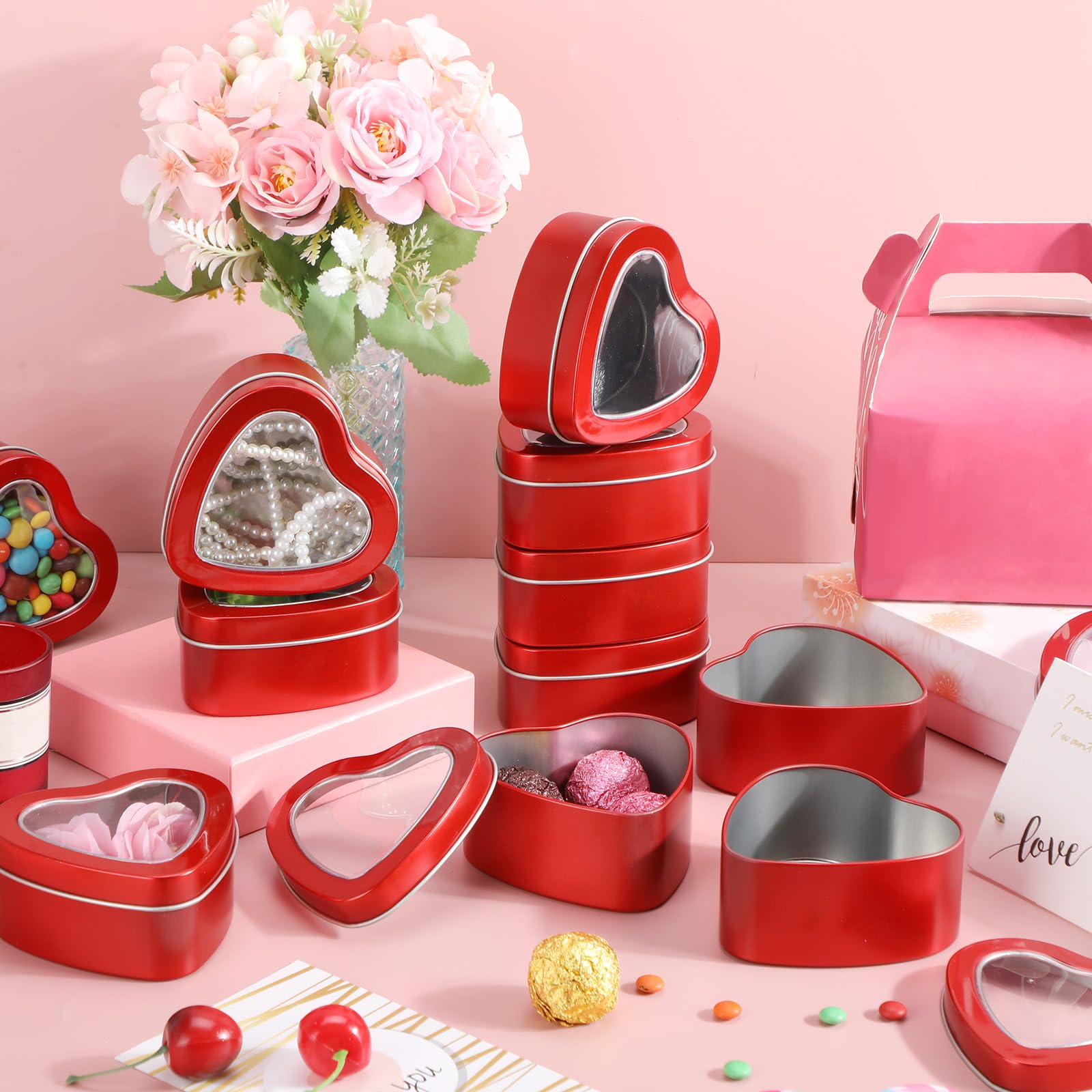 24 Pcs 6.5 oz Heart Shaped Metal Tins with Clear Window Lids - Valentine's Day Empty Candle Containers, DIY Candle Making Kits, Candy Storage Boxes, Gift Packaging for Jewelry & Small Treasures (Red) - Perfect for Romantic Gifts, Wedding Favors, Holiday Crafts & Home Decor