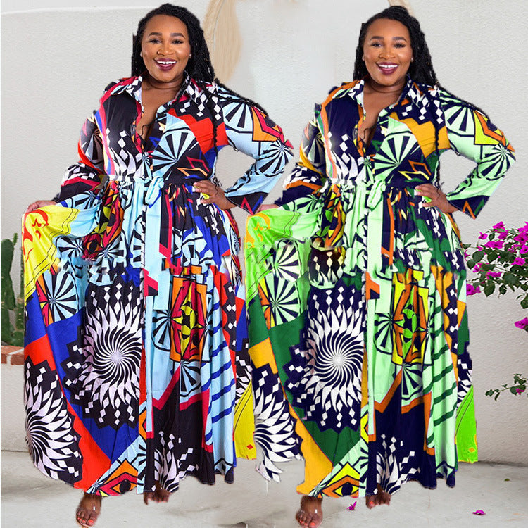 5XL Plus Size African Print Maxi Dress for Women - Long Sleeve Flowy Party & Beach Robe - Elegant Swing Dress for Special Occasions, Weddings, and Vacation Wear
