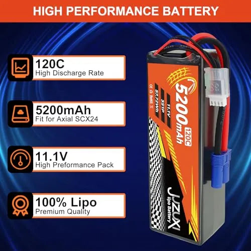 2Pcs 11.1V 5200mAh 3S 120C Lipo Battery with XH & EC5 Connector - High Power Rechargeable Lithium Polymer Battery for RC Car, Boat, Quadcopter, Helicopter, Airplane and RC Models - Perfect for Racing, FPV Drones and Long Flight Time Applications