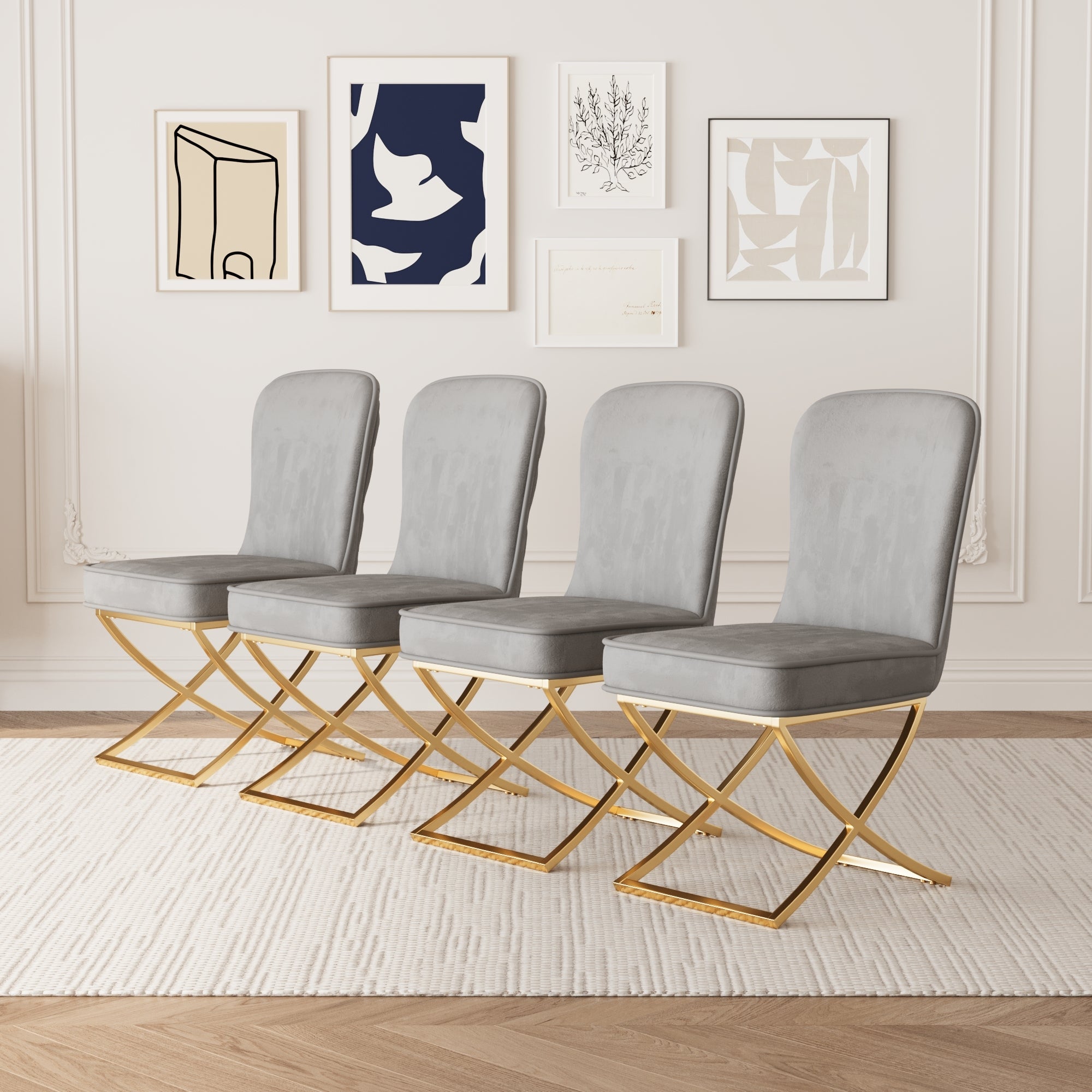 4-Piece Grey Velvet Dining Chair Set with Golden Metal Legs - Modern Kitchen, Living Room, Office & Leisure Chairs for Home Decor