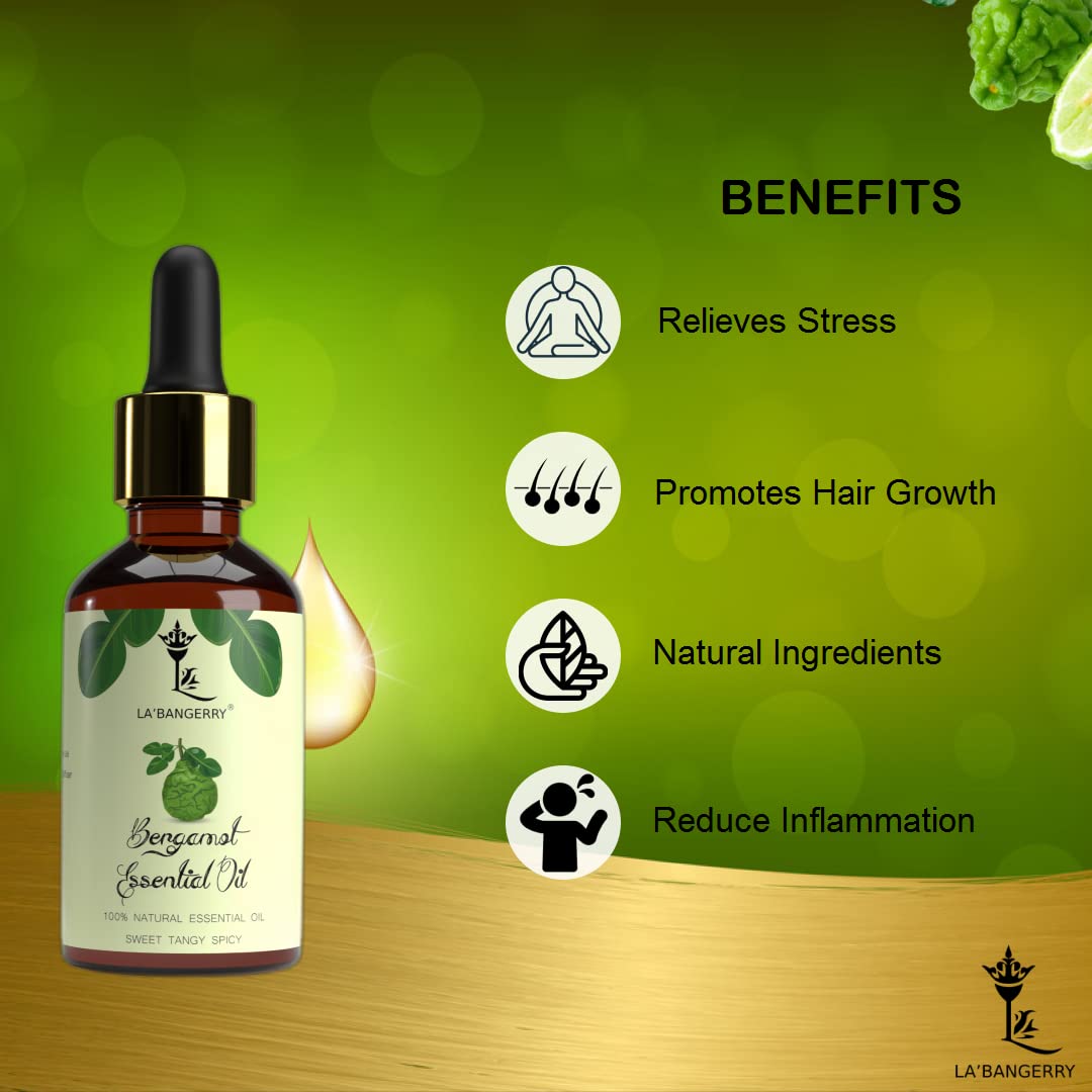 LA'BANGERRY Pure Rosemary & Bergamot Essential Oil Set - 100% Natural Aromatherapy Oil for Skin, Face & Hair Care - Moisturizing Dry Scalp Treatment for Men & Women - 30ml Each - Perfect for Relaxation, Massage & Bath