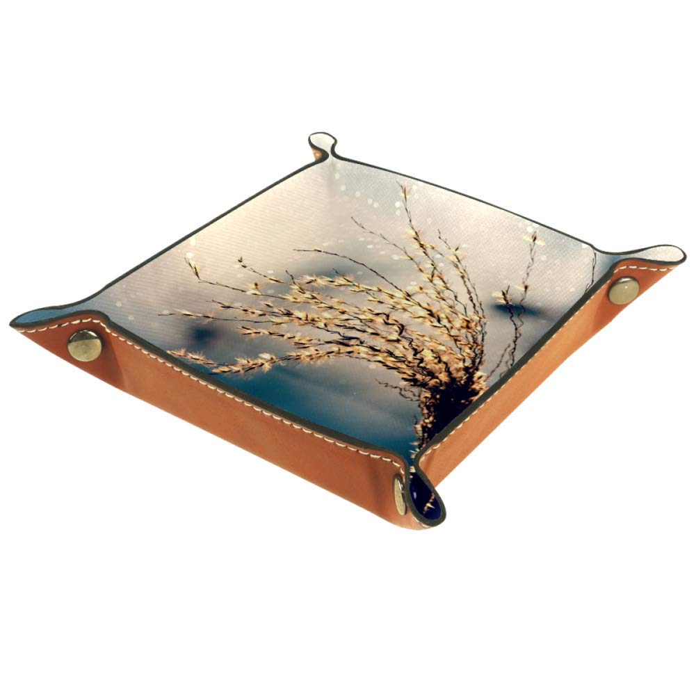 Premium Valet Tray Organizer - Genuine Microfiber Leather Jewelry Catchall Tray with Plume Flower Design | Desk Storage Box for Watches, Rings, Keys, Coins & Smartphones (4.5x4.5x1.18 inches) | Perfect for Nightstand, Dresser, Entryway & Gift Giving