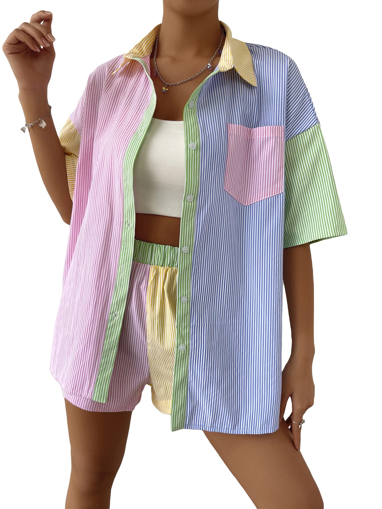 MAKEMECHIC Women's 2-Piece Lounge Set - Short Sleeve Button Down Shirt & Comfortable Shorts - Casual Summer Outfit for Home, Travel & Relaxation