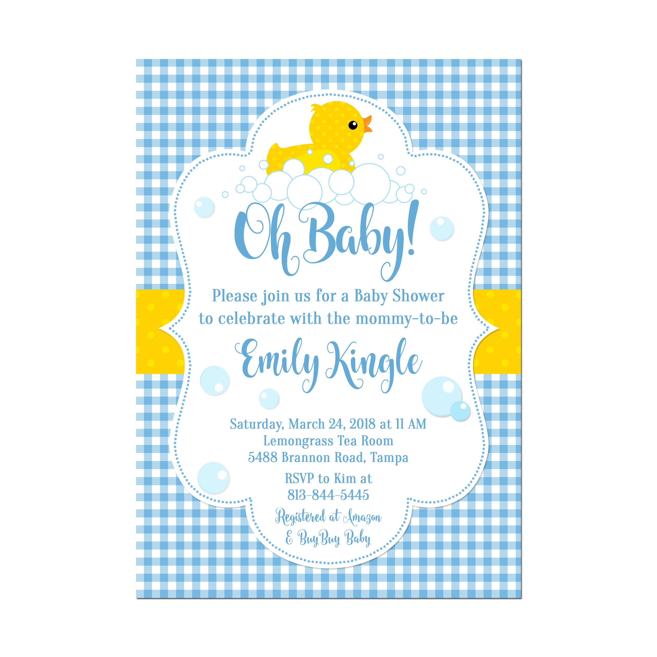 Blue Pink or Green Gingham Rubber Duck Baby Shower Invitations - Set of 10 5x7 Inch Cardstock Cards with White Envelopes | Perfect for Gender Reveal Parties, Newborn Celebrations & Nursery Decor