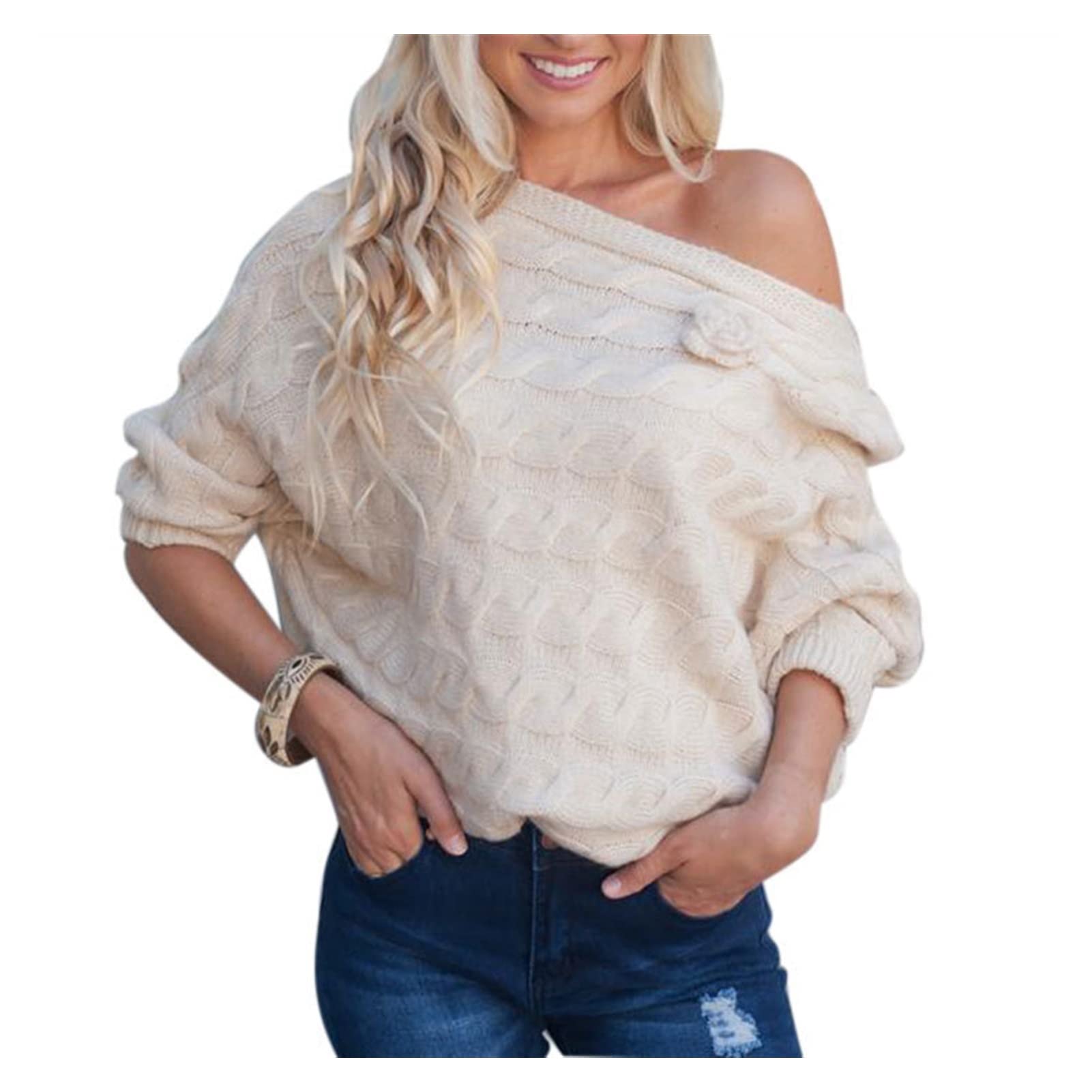 Luckxuan Women's Oversized Off Shoulder Cable Knit Chunky Sweater - Beige, Small | Cozy Pullover Top for Fall, Winter & Casual Outings