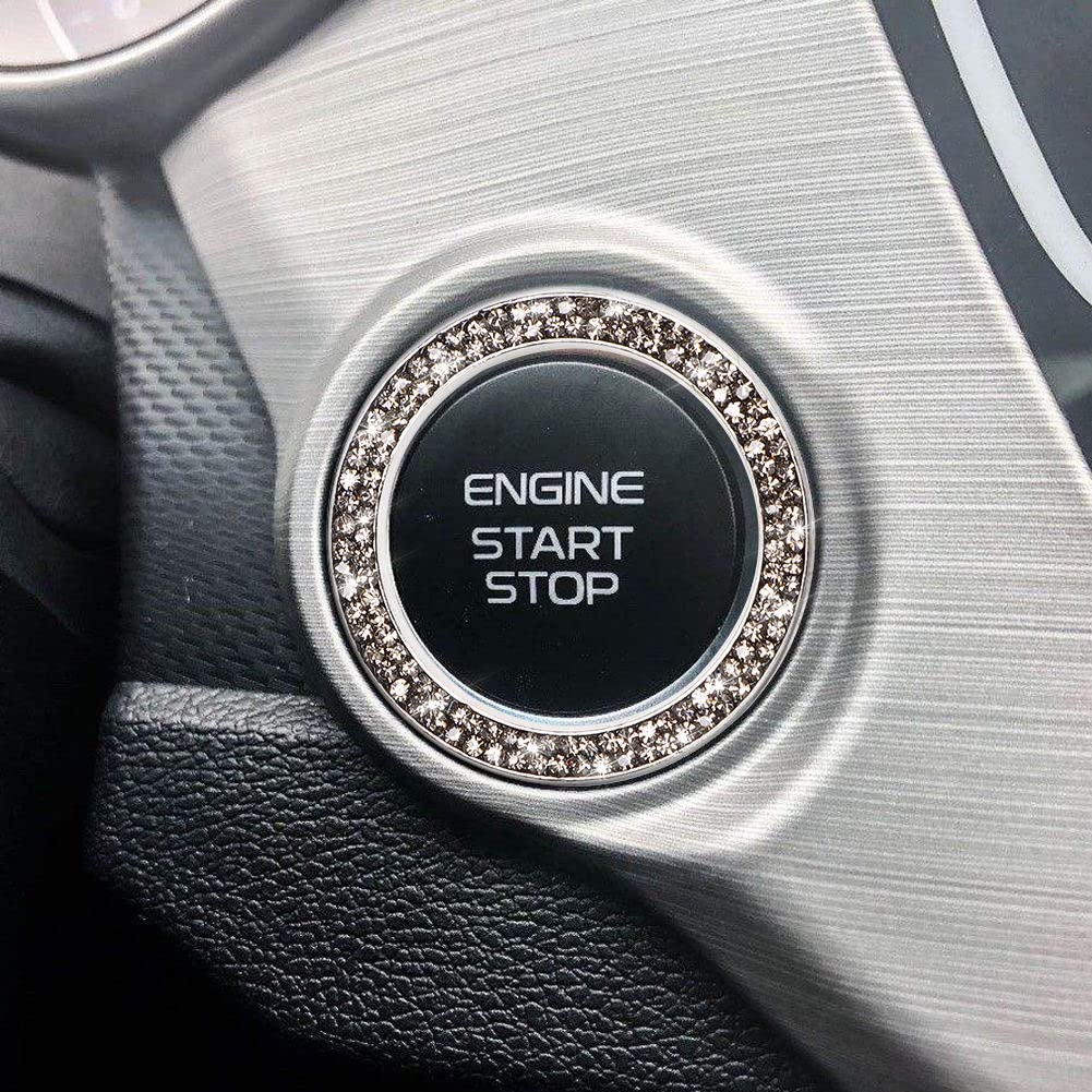 Sparkling Car Crystal Rhinestone Ring Emblem Sticker - Premium Car Interior Decoration Accessories for Women - Push Start Button Cover & Key Ignition Knob Ring (Gray) - Perfect for Luxury Car Customization & Stylish Dashboard Upgrade