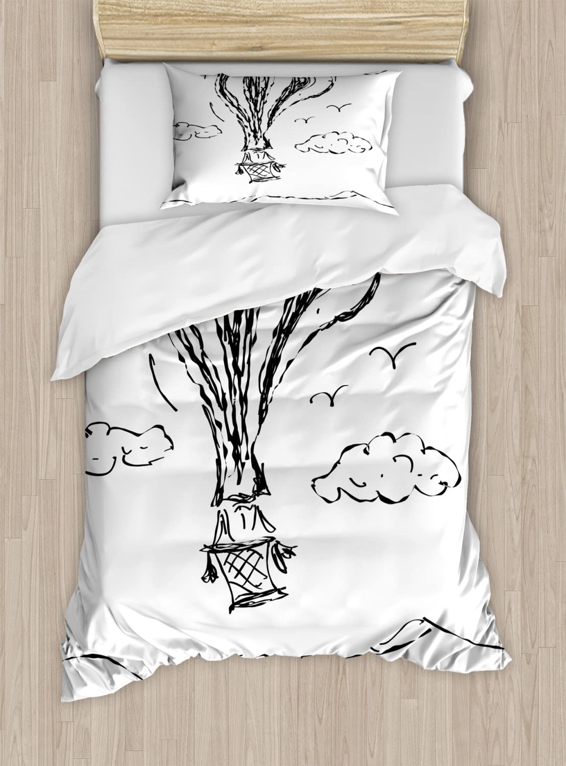 Ambesonne Modern Duvet Cover Set - Hot Air Balloon Sketch Clouds Design, 2-Piece Cal King Bedding Set with 4 Pillowcases, Charcoal Grey & White - Perfect for Guest Rooms, Master Bedrooms & Bohemian Home Decor
