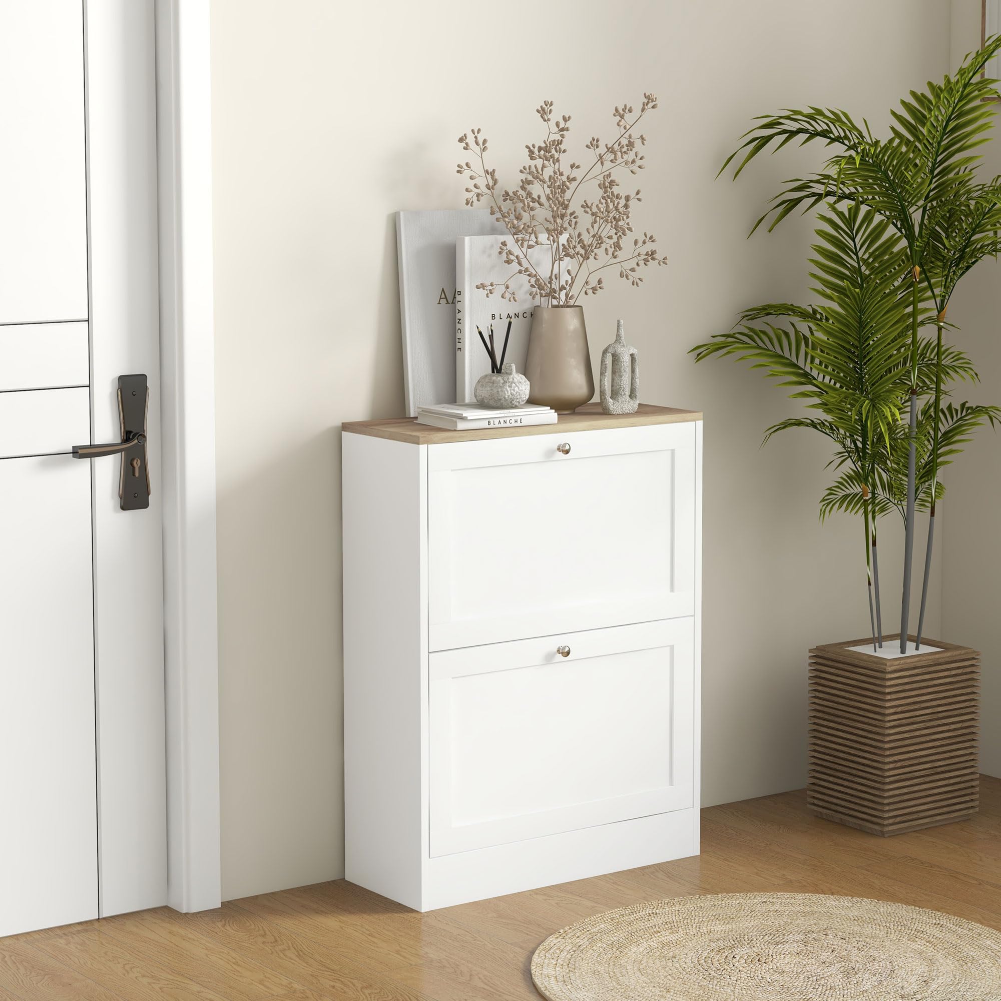 HOMCOM Modern Slim Shoe Storage Cabinet with 2 Flip Drawers & Adjustable Shelves - Holds 12 Pairs of Shoes - White Entryway Organizer for Hallway, Bedroom or Closet Space Saving Solution