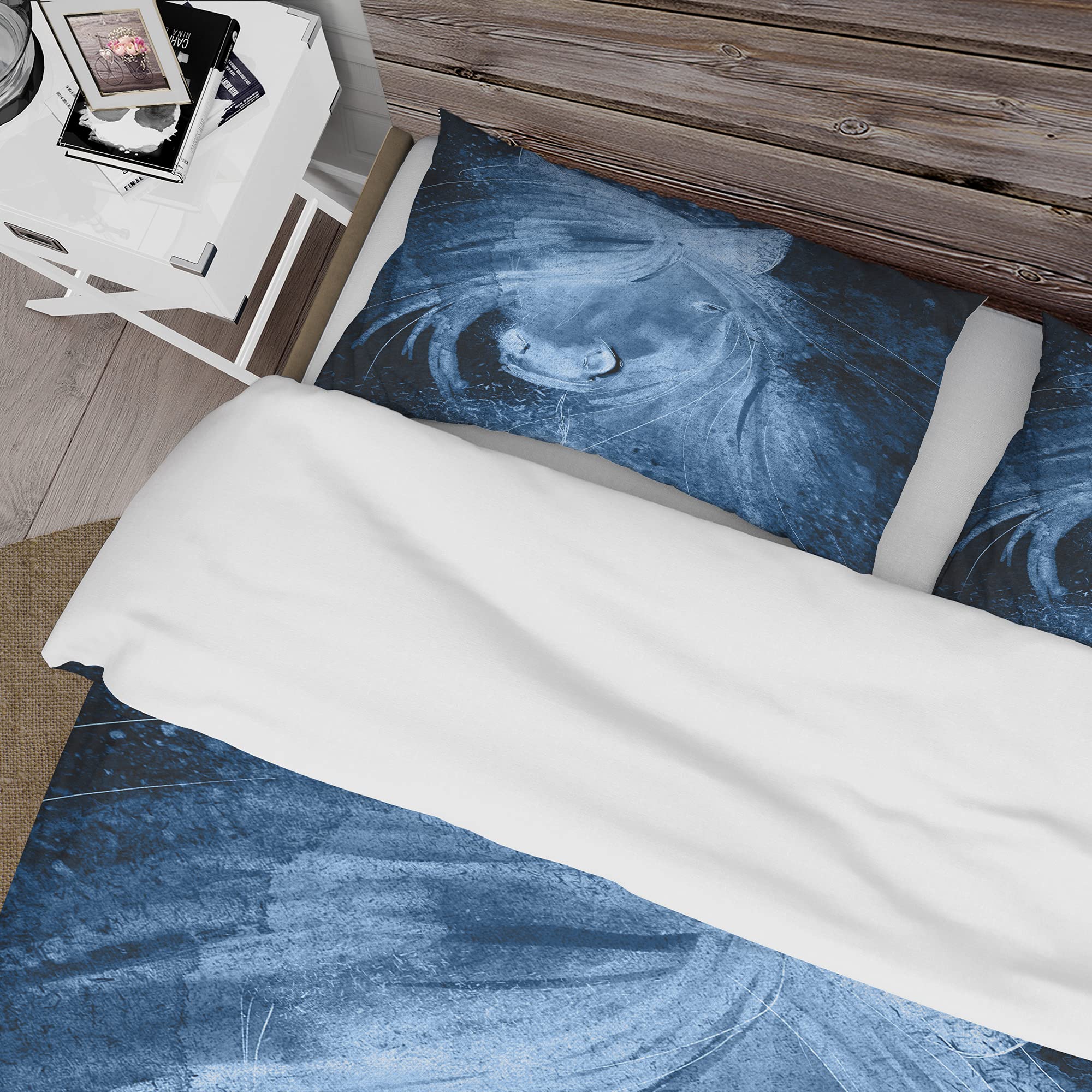 DesignQ Farmhouse Horse XII Blue Duvet Cover Set King Size - 3 Piece All Season Bedding Set | Rustic Farmhouse Decor for Master Bedroom & Guest Room