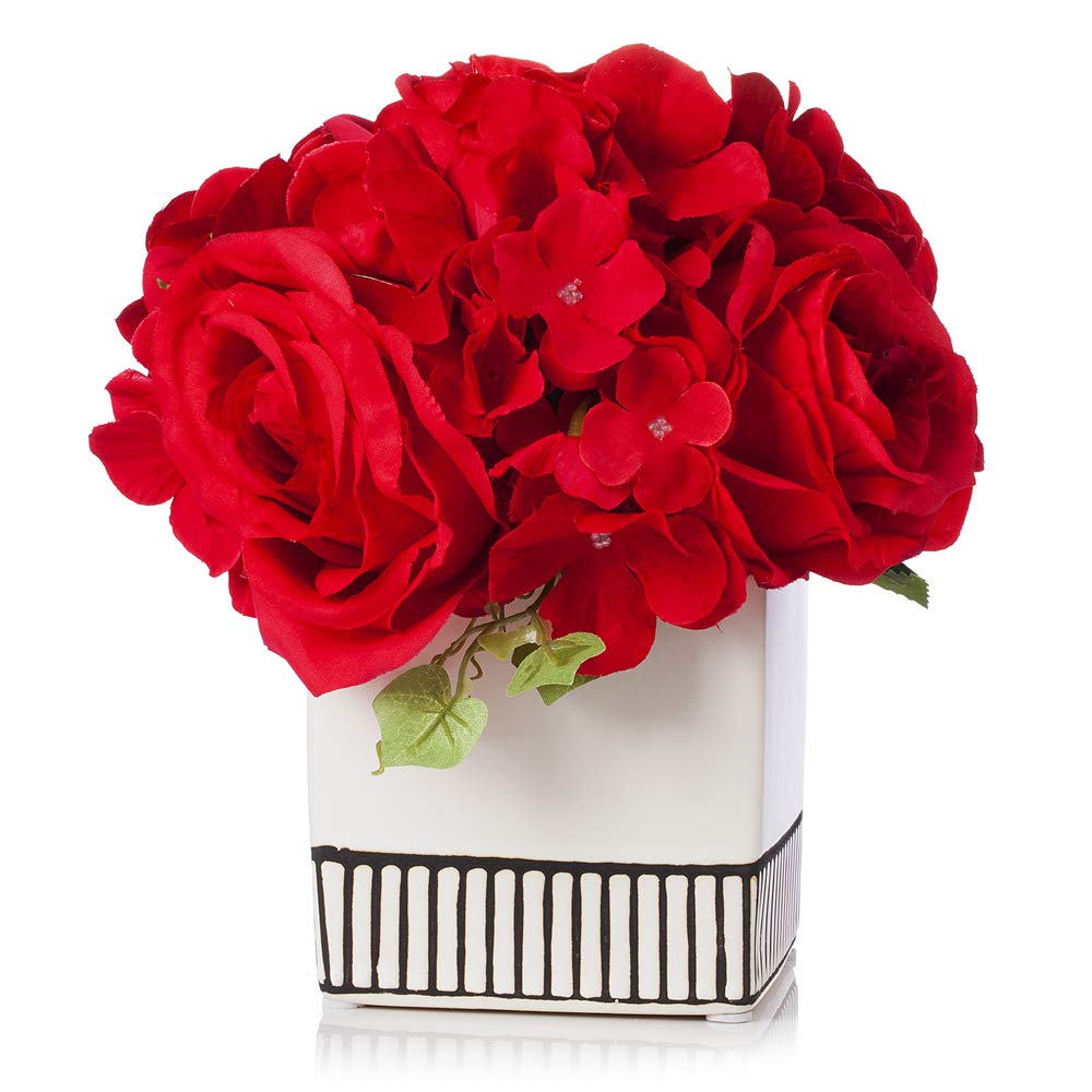 Enova Home Artificial Rose & Hydrangea Silk Flower Arrangement in White Ceramic Pot - Elegant Home Decor, Wedding Centerpiece, Table Decor (Red) | Perfect for Living Room, Dining Table, Office Desk & Event Decorations