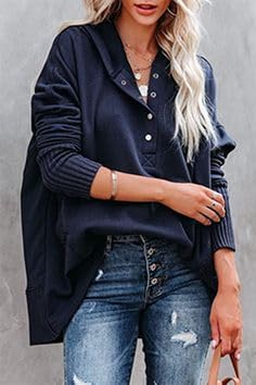 AlvaQ Women's Casual Button-Down V-Neck Hoodie - Oversized Pullover Sweatshirt with Pockets | Cozy Loungewear & Streetwear Fashion for Everyday Wear
