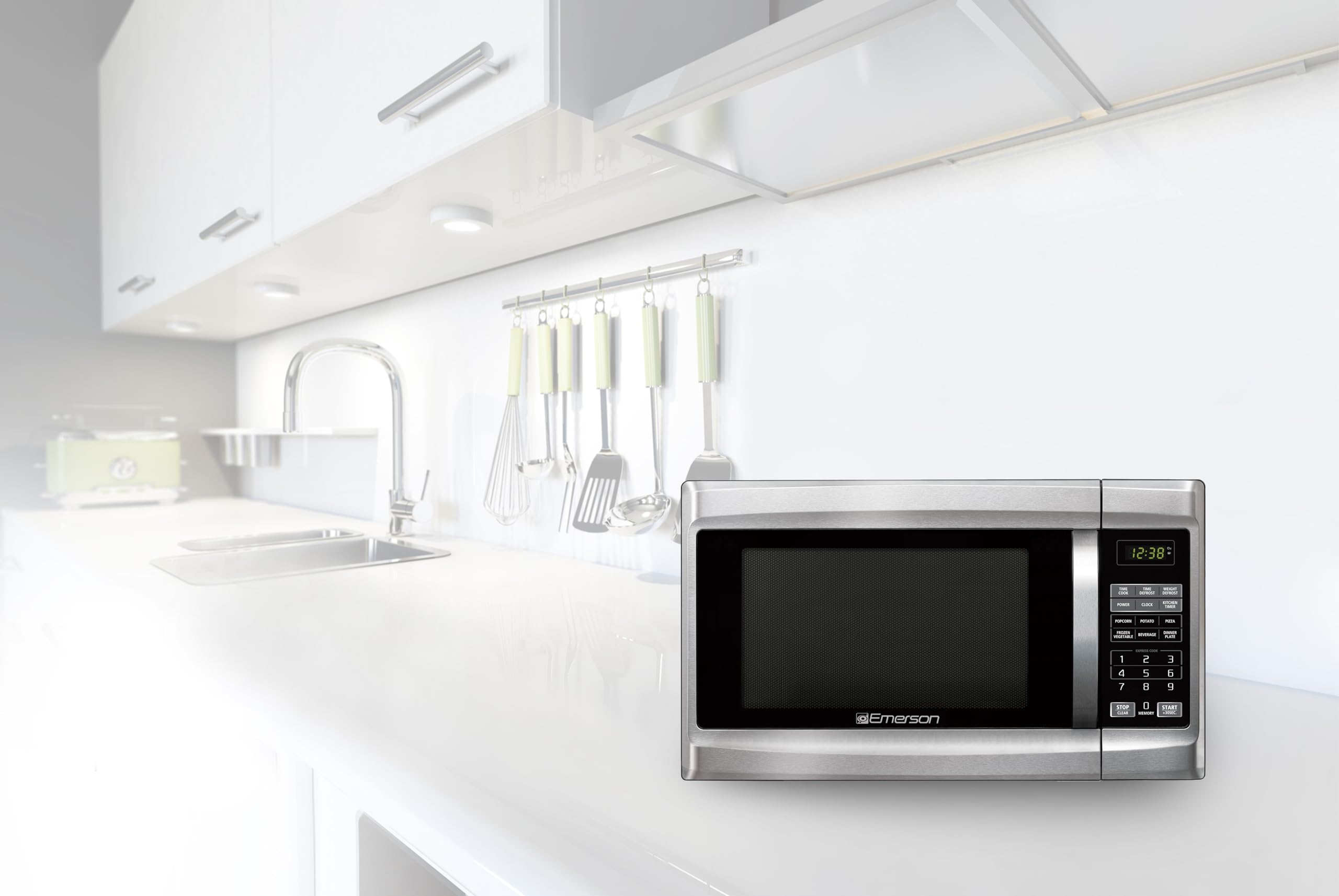 Emerson MW1338SB 1.3 Cu ft Stainless Steel Countertop Microwave Oven - 1000W with 6 Pre-Programmed Settings, Removable Glass Turntable & Child Safety Lock - Perfect for Small Kitchens, Dorms & Office Break Rooms