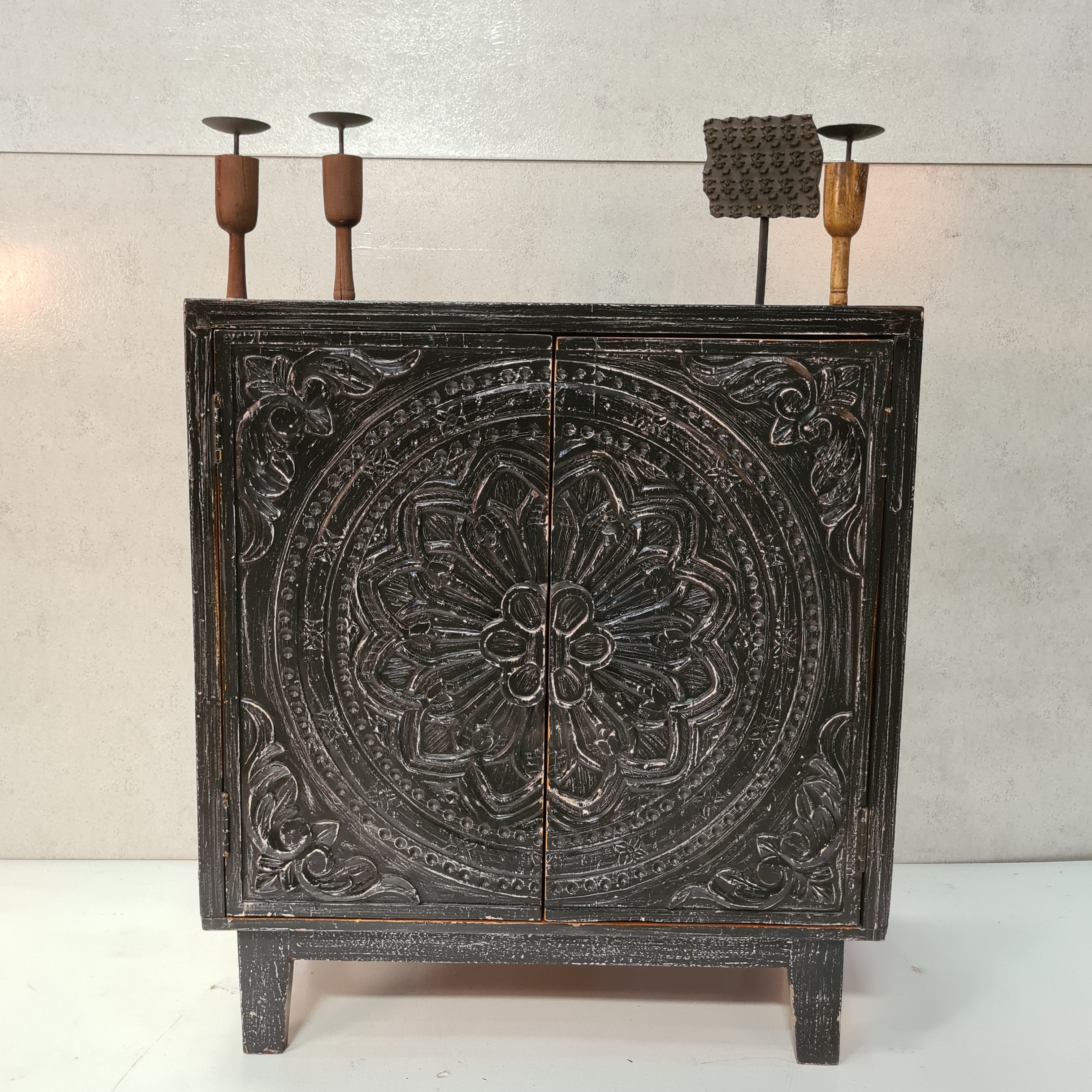Handcrafted Indian Solid Hardwood Cabinet with 2 Doors - Black Finish, 86x46x92cm - Perfect for Living Room, Bedroom & Office Storage