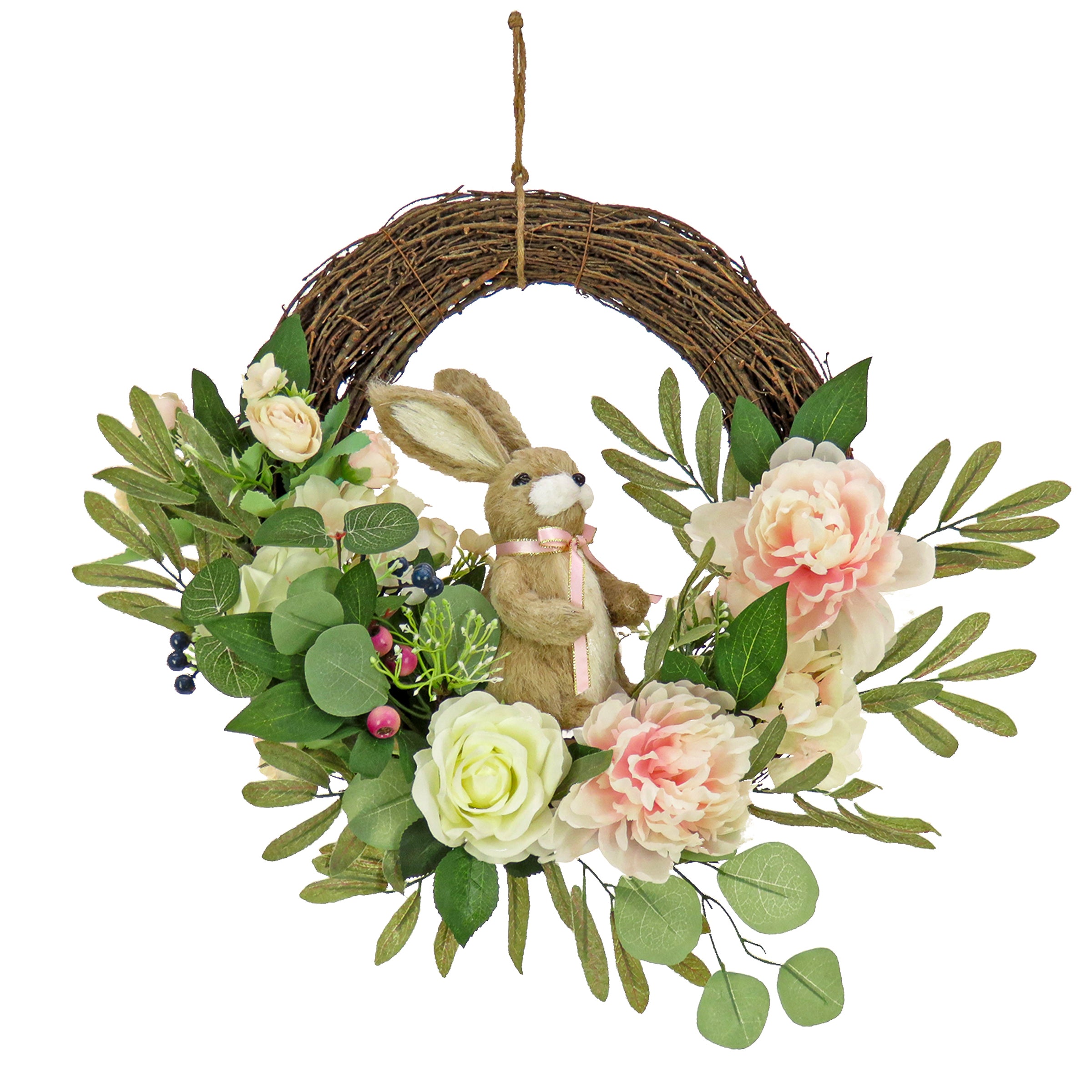 18 in. Easter Wreath with Pastel Flowers, Bunny & Greenery - Spring Door Decor for Home, Church & Party Celebration