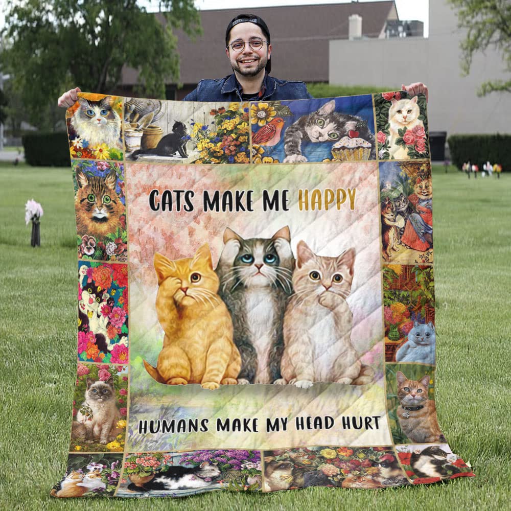 Cozy Cat Print Blanket - Soft Quilted Throw with Funny 'Cat Makes Me Happy Humans Make My Head Hurt' Design - Perfect Gift for Cat Lovers (90x110 Inches) - Ideal for Sofa, Bed & Cuddling with Pets