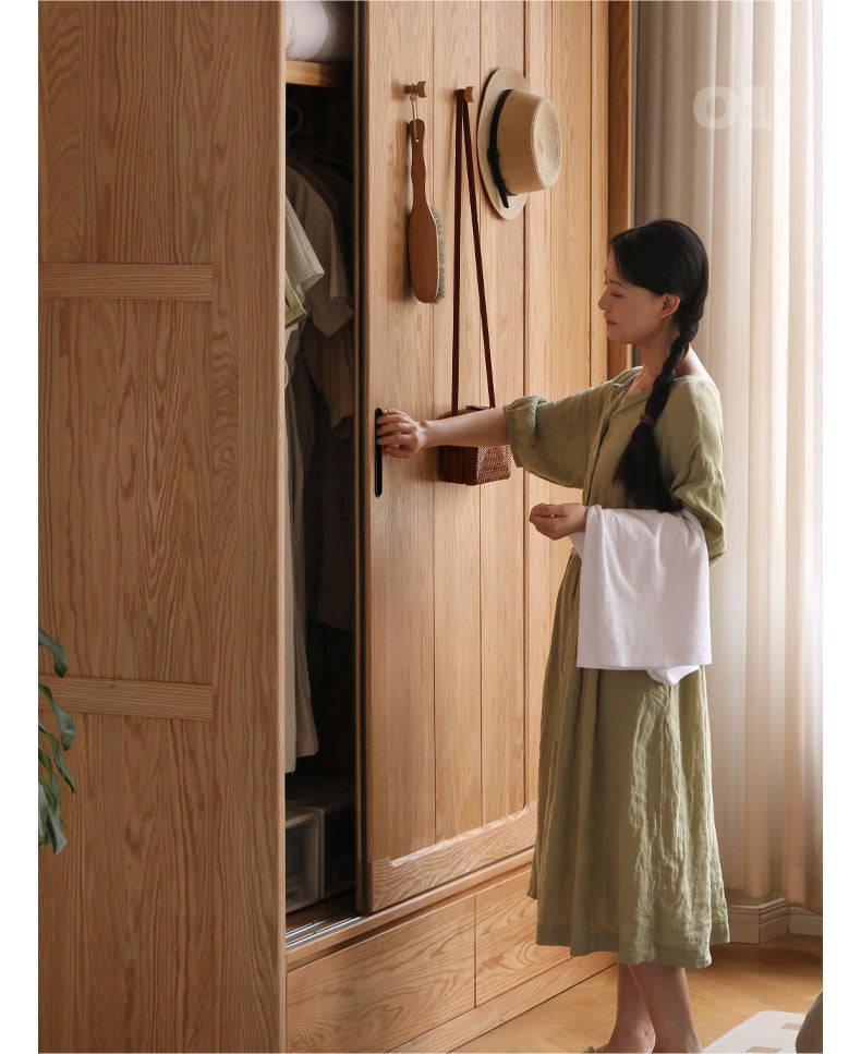 Modern Solid Oak Wood Sliding Door Wardrobe - Durable & Stylish Closet Organizer for Bedroom, Living Room, and Office Storage