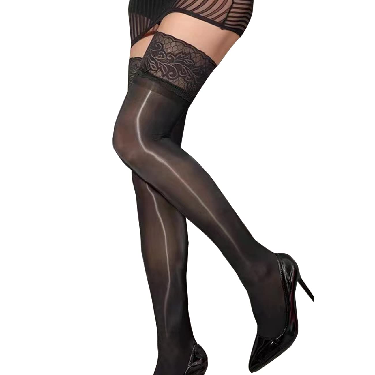 RUIBAVYA 8D Women's Sheer Shine Lace Stockings - Silicone Non-Slip Hold-Up Thigh Highs for Sexy Outfits & Special Occasions | Perfect for Date Nights, Cosplay & Evening Wear