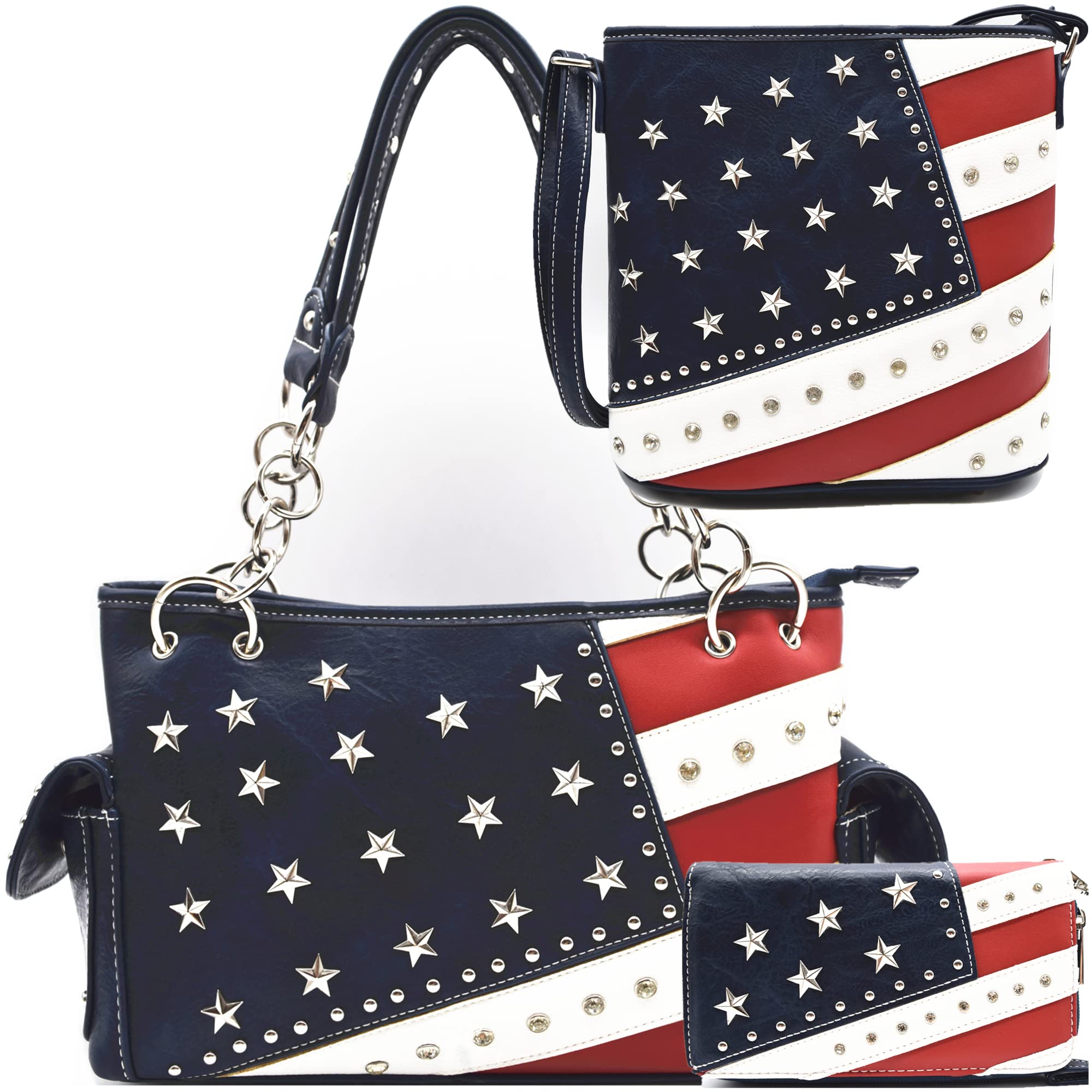 Western Origin American Flag USA Patriotic Purse - Stars & Stripes Women's Shoulder Bag Crossbody Wallet in Blue | Perfect for 4th of July, Memorial Day & Patriotic Events