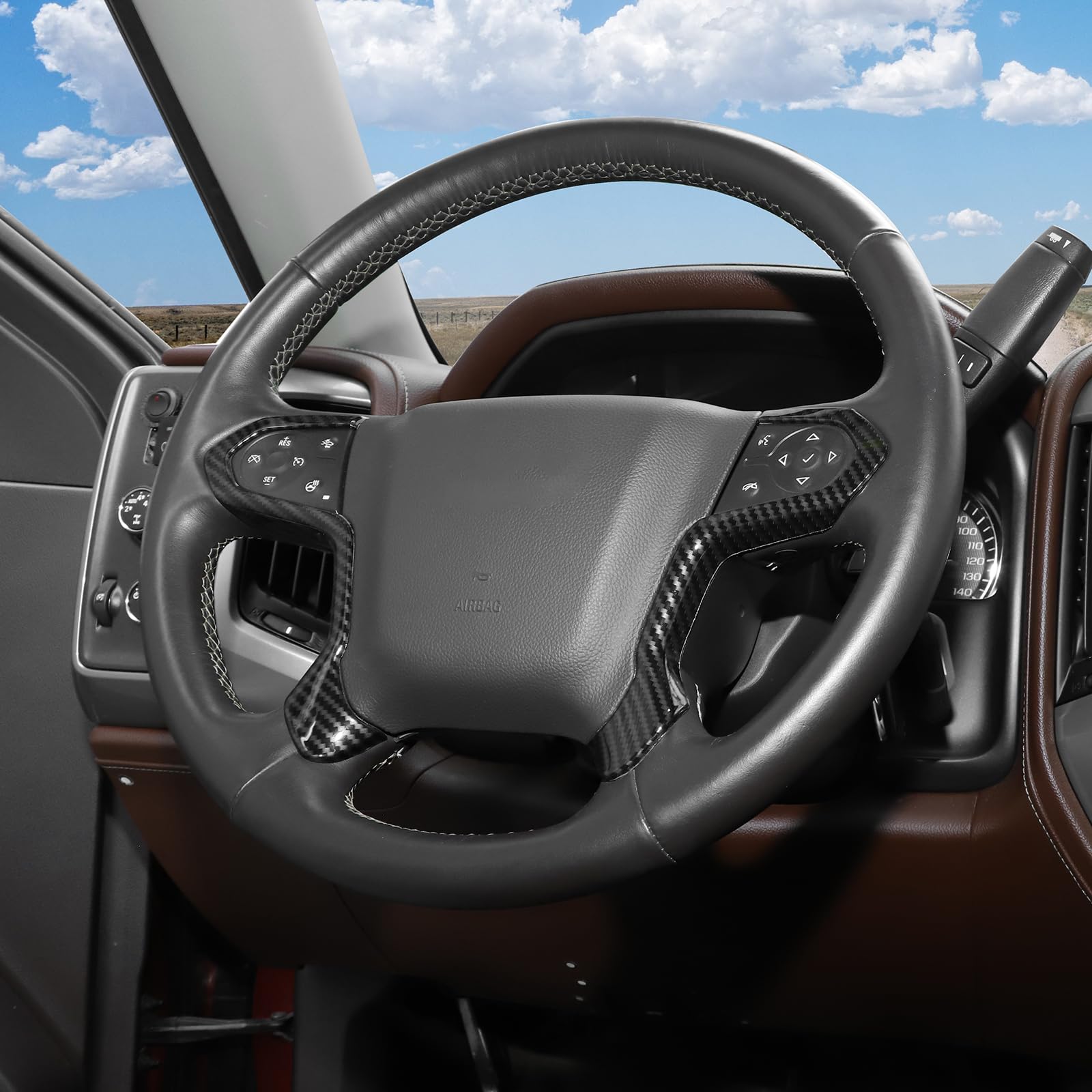 2014-2018 Chevy Silverado Carbon Fiber Steering Wheel Trim | GMC Sierra/Yukon & Chevy Suburban/Tahoe Compatible | Black Carbon Fiber Grain Interior Upgrade (2-Piece Set) | Enhance Your Truck's Luxury Style for Daily Driving & Car Shows