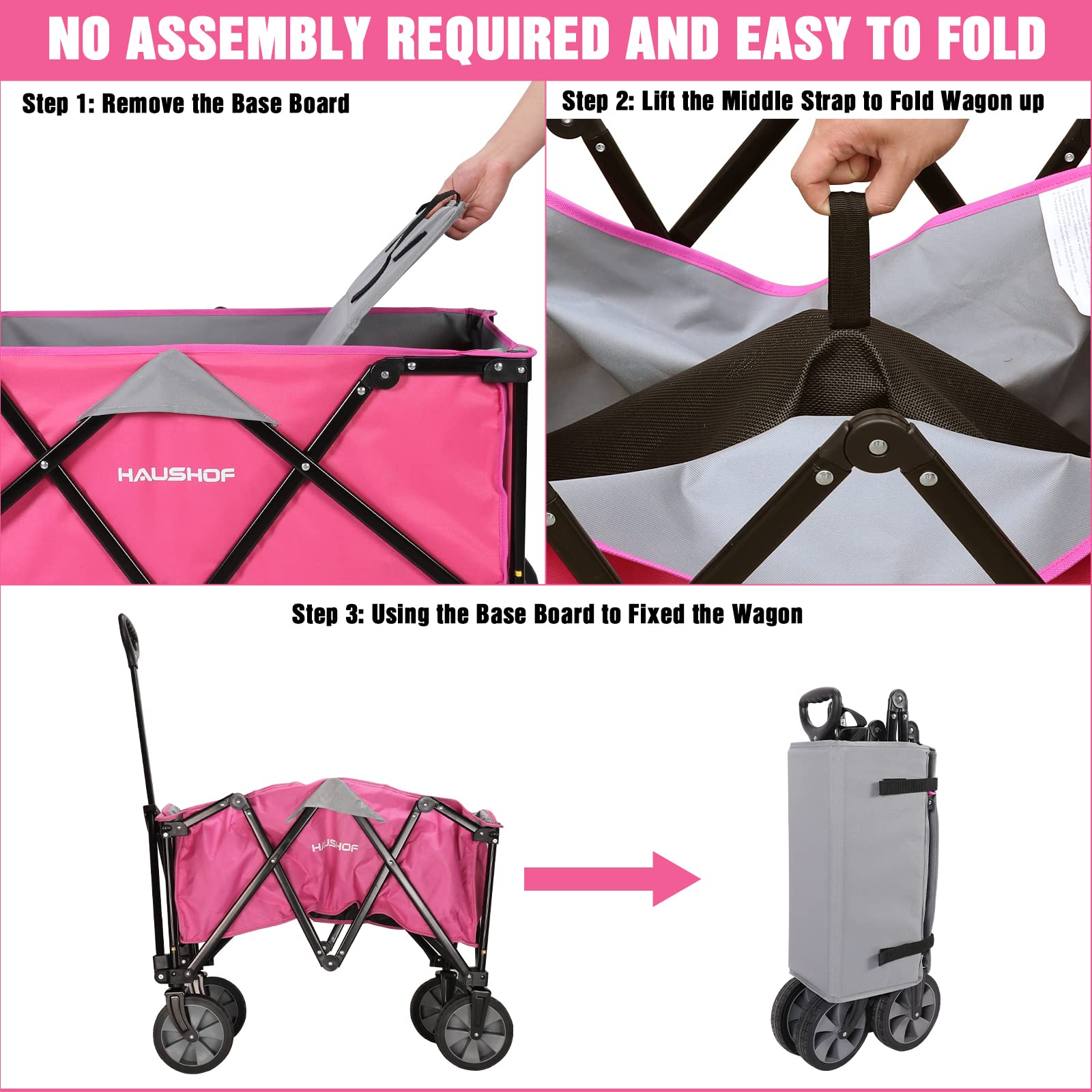 HAUSHOF Heavy Duty Collapsible Wagon - Folding Outdoor Utility Cart with Quick Release Wheels & Adjustable Handle - 176 lbs Capacity - Pink - Perfect for Camping, Beach, Garden & Grocery Shopping