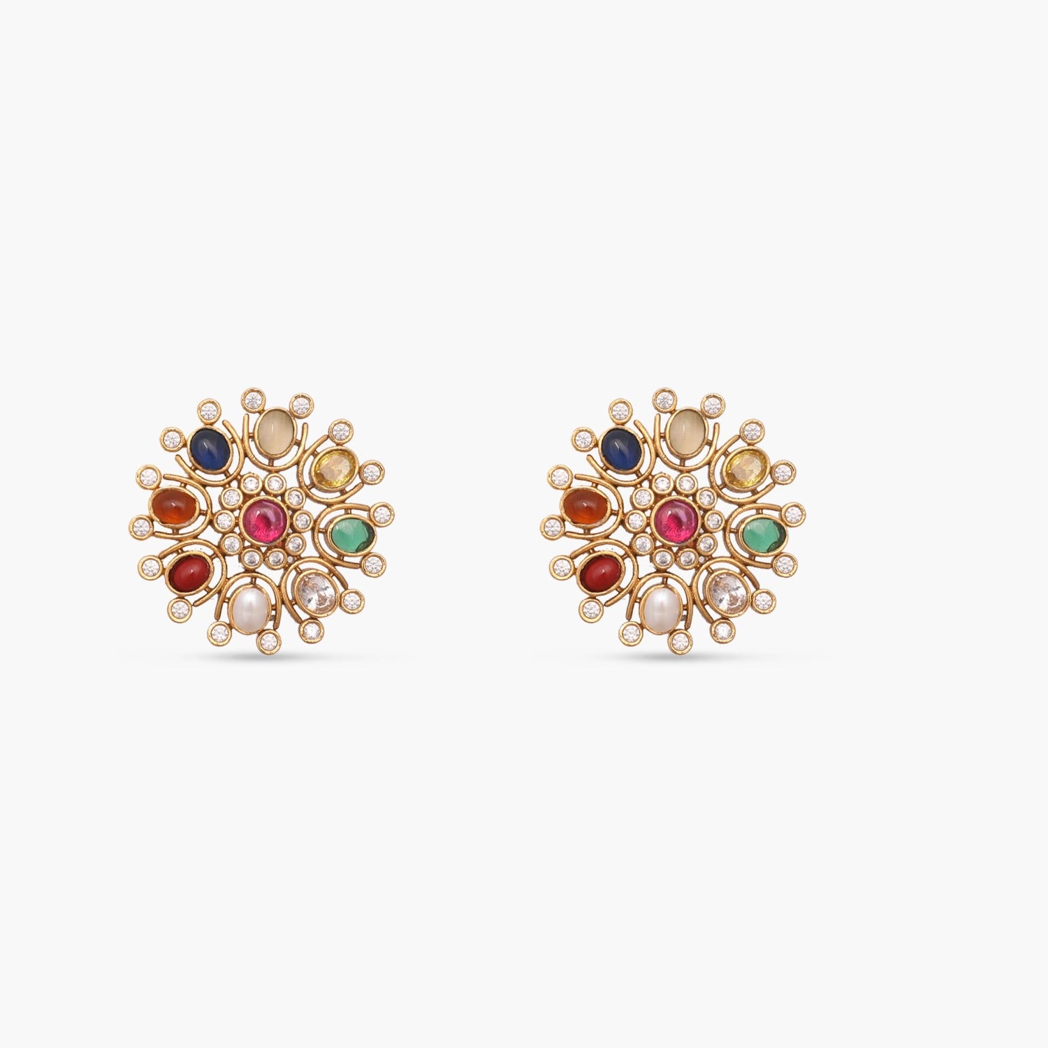 Navaratna Floral Stud Earrings - 9 Gemstone Sterling Silver Jewelry for Women | Perfect for Weddings, Parties & Daily Wear