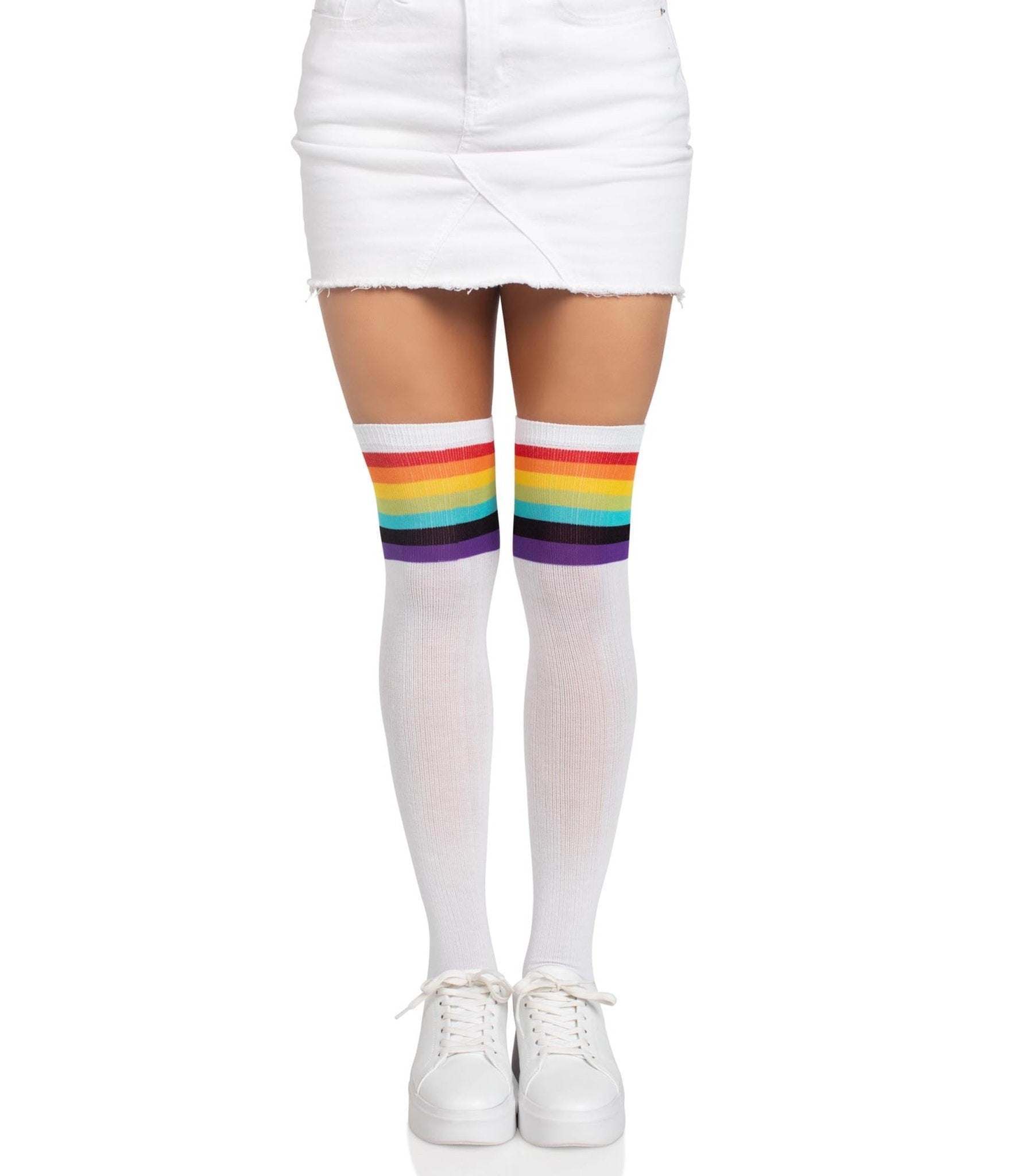Leg Avenue Nia White & Rainbow Stripe Thigh High Stockings - Sexy Striped Knee High Socks for Women, Halloween Costume Accessories, Cosplay Outfits & Party Wear