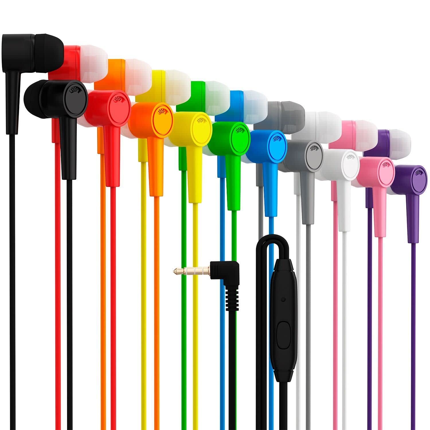 10 Pack Wired Earbuds with Microphone - Heavy Bass Stereo Noise Blocking Headphones - Compatible with iPhone, Android, iPad, MP3 (3.5mm Jack) - 200 Pack in 10 Colors - Perfect for Gym, Travel, Work & Study