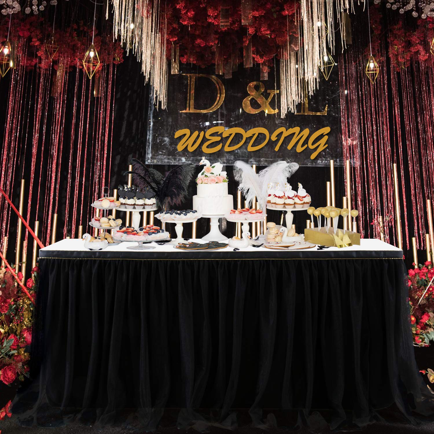 Suppromo 9ft Black Table Skirt - Premium Tutu Tablecloth for Rectangle & Round Tables - Elegant Party Decor for Birthday, Wedding, Baby Shower, Graduation & Halloween Celebrations - Perfect for Banquet Halls, Event Centers & Home Decor
